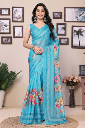 Blue Floral Digital Printed Kota Doria Ready To Wear Saree