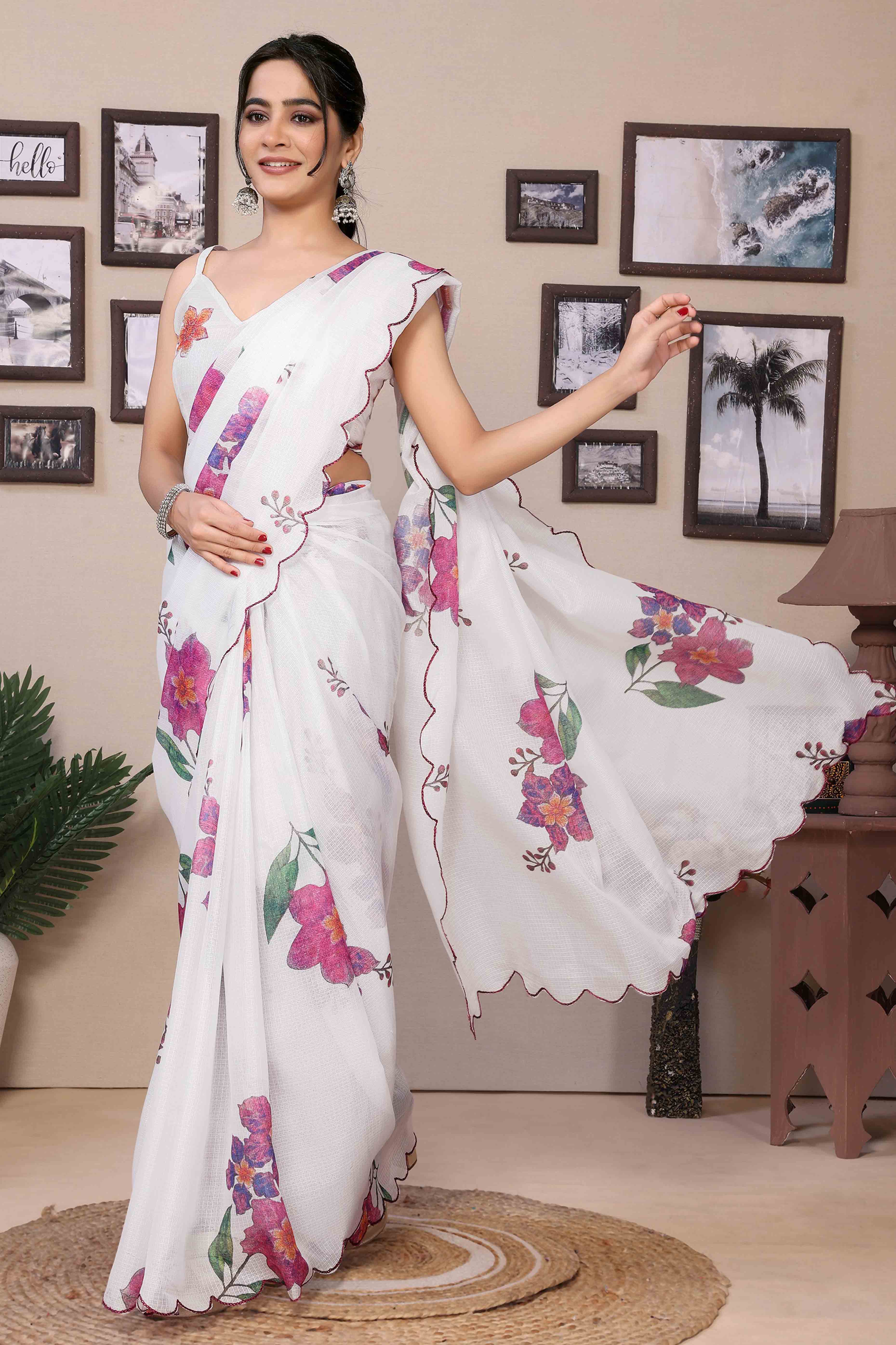 White Floral Digital Printed Kota Doria Ready To Wear Saree