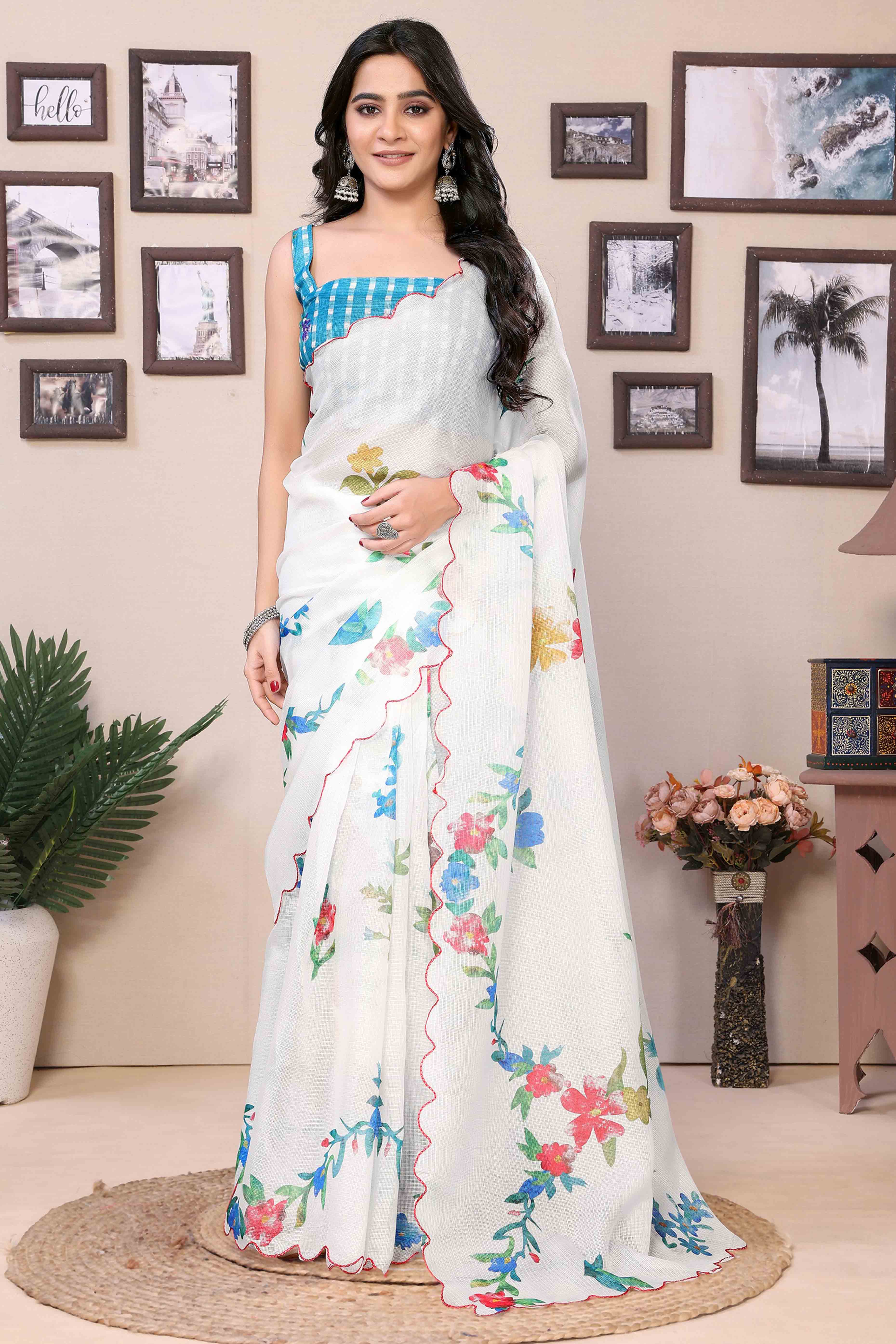 White Floral Digital Printed Kota Doria Ready To Wear Saree