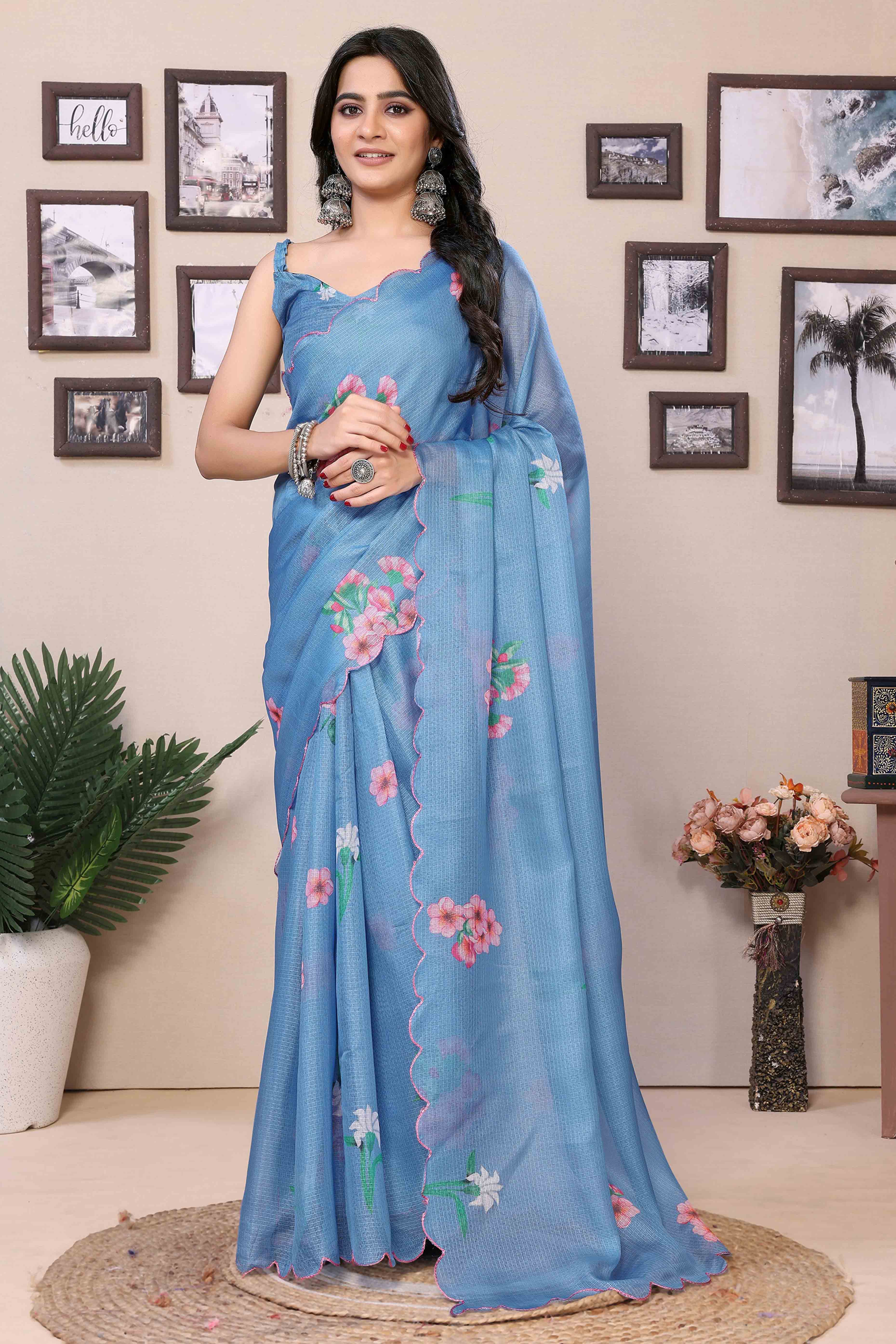 Blue Floral Digital Printed Kota Doria Ready To Wear Saree