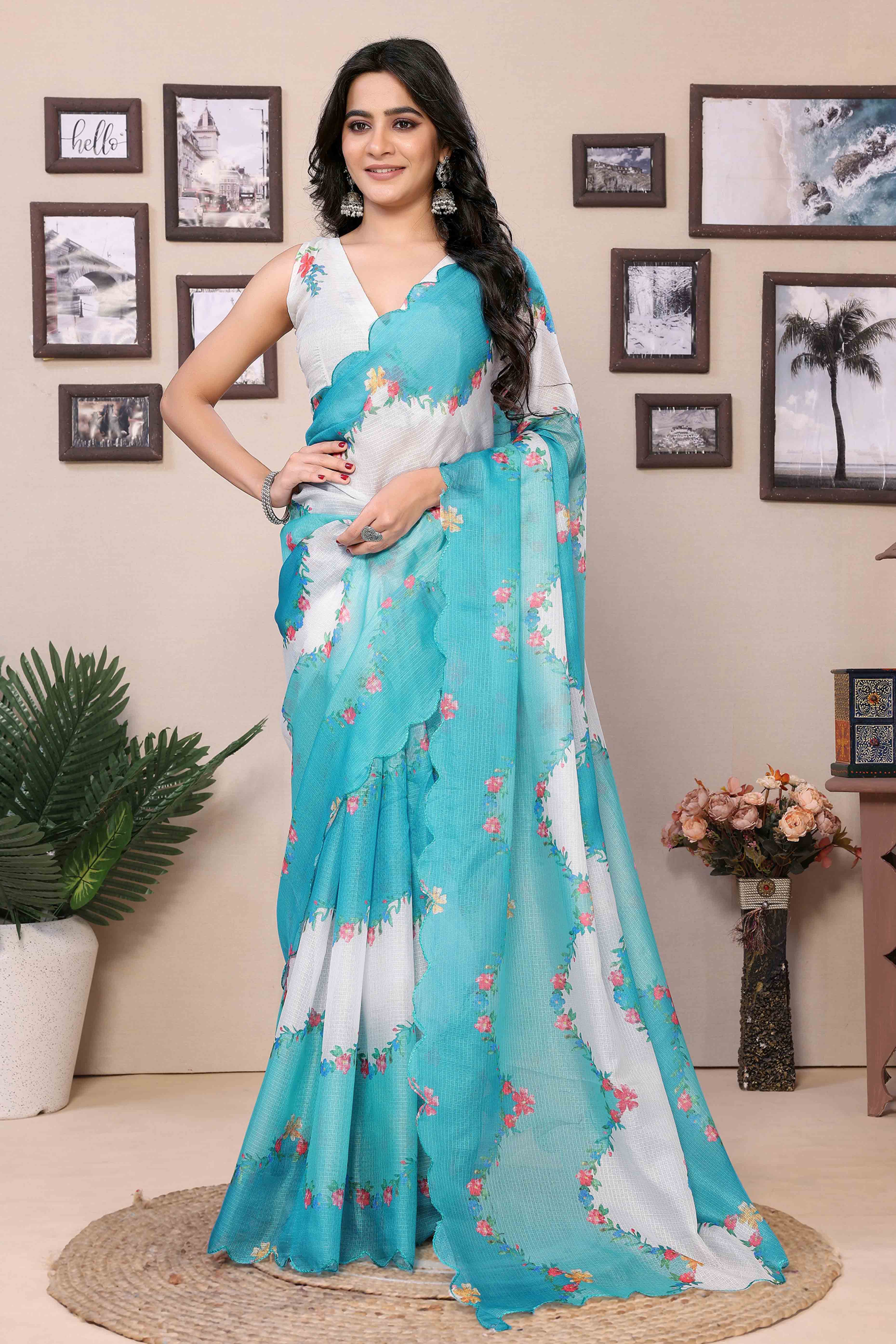 Blue & White Floral Digital Printed Kota Doria Ready To Wear Saree