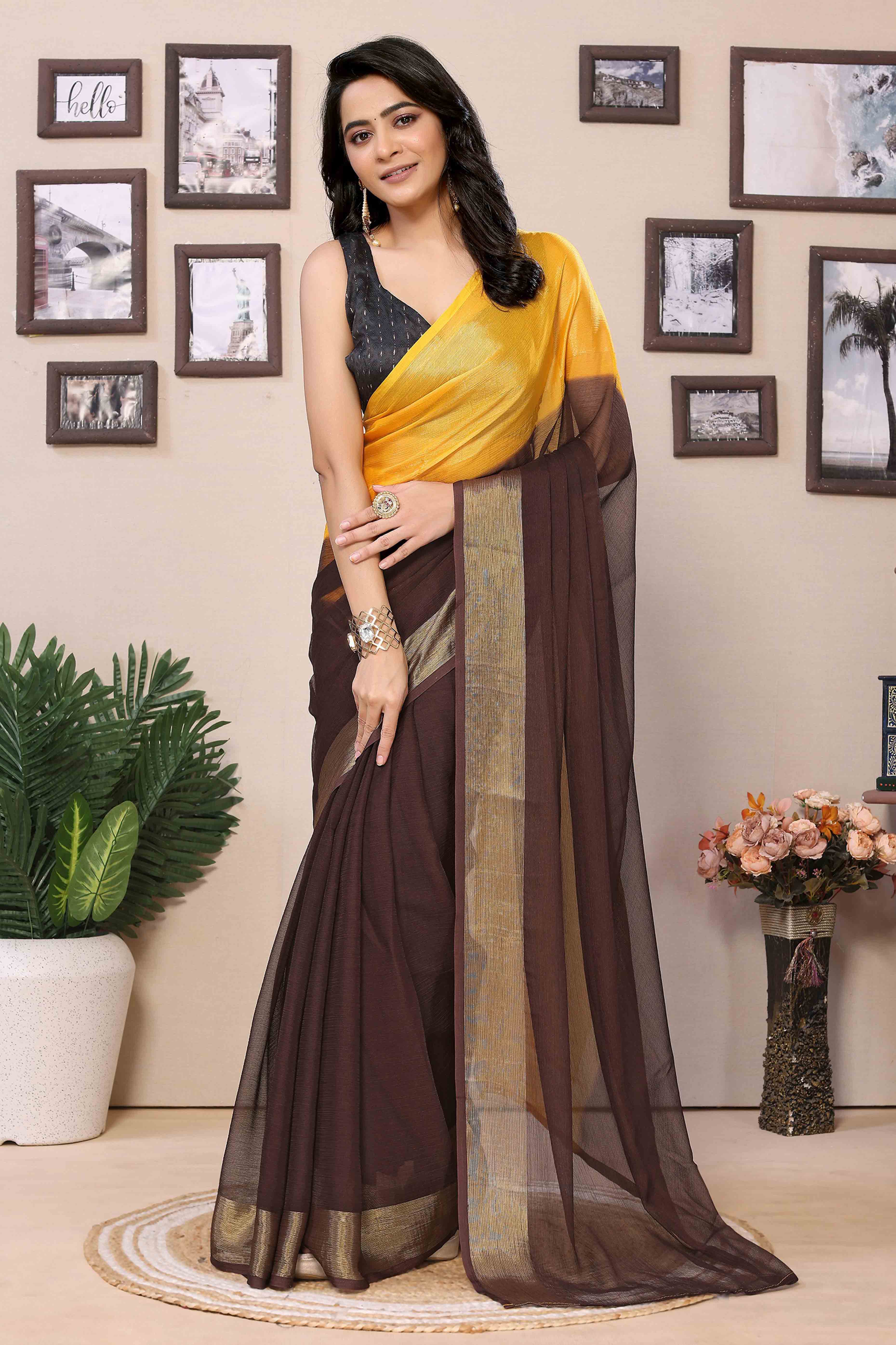 Brown & Yellow Solid With Zari Woven Border Chiffon Ready To Wear Ombre Saree