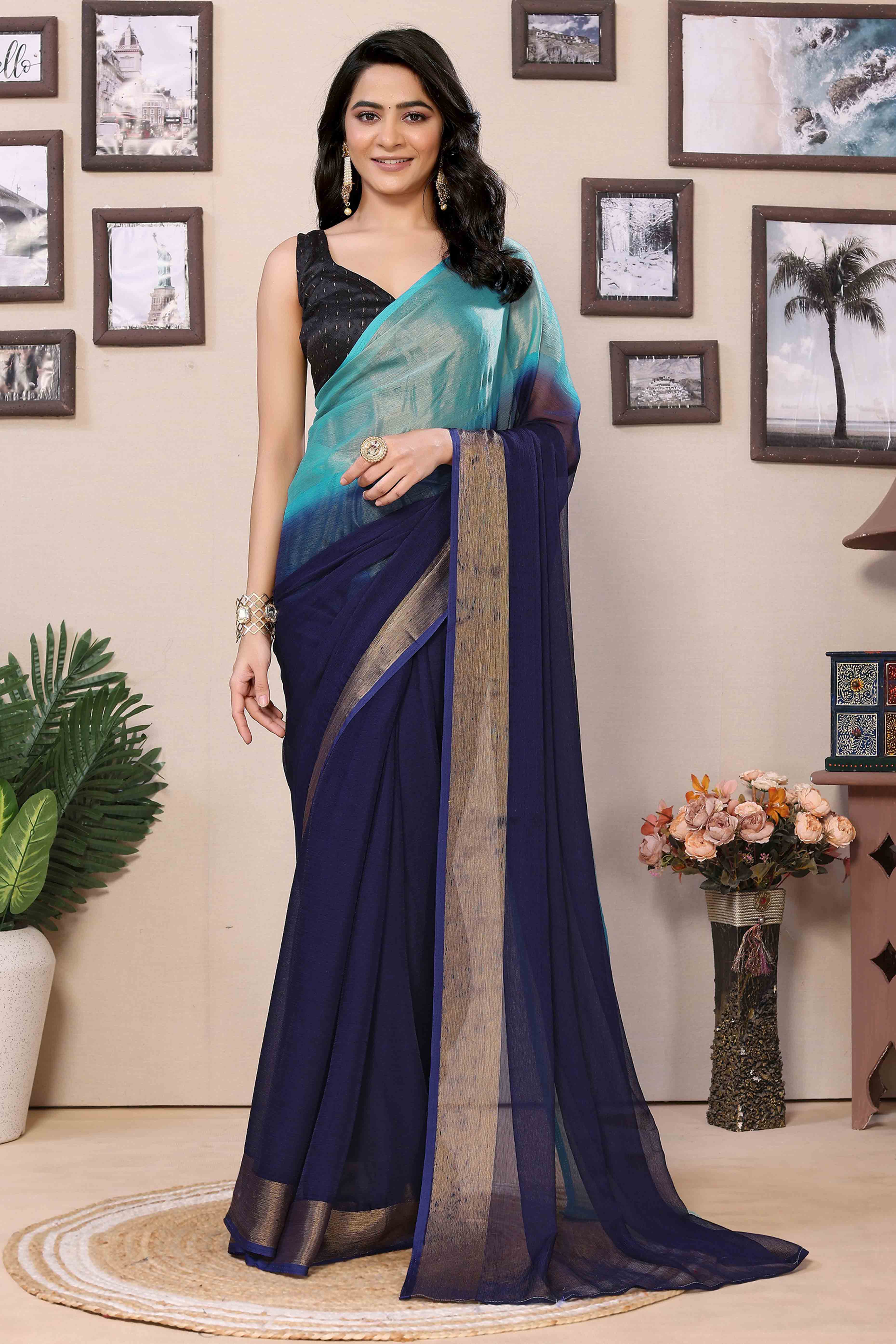 Navy Blue & Turquoise Solid With Zari Woven Border Chiffon Ready To Wear Ombre Saree