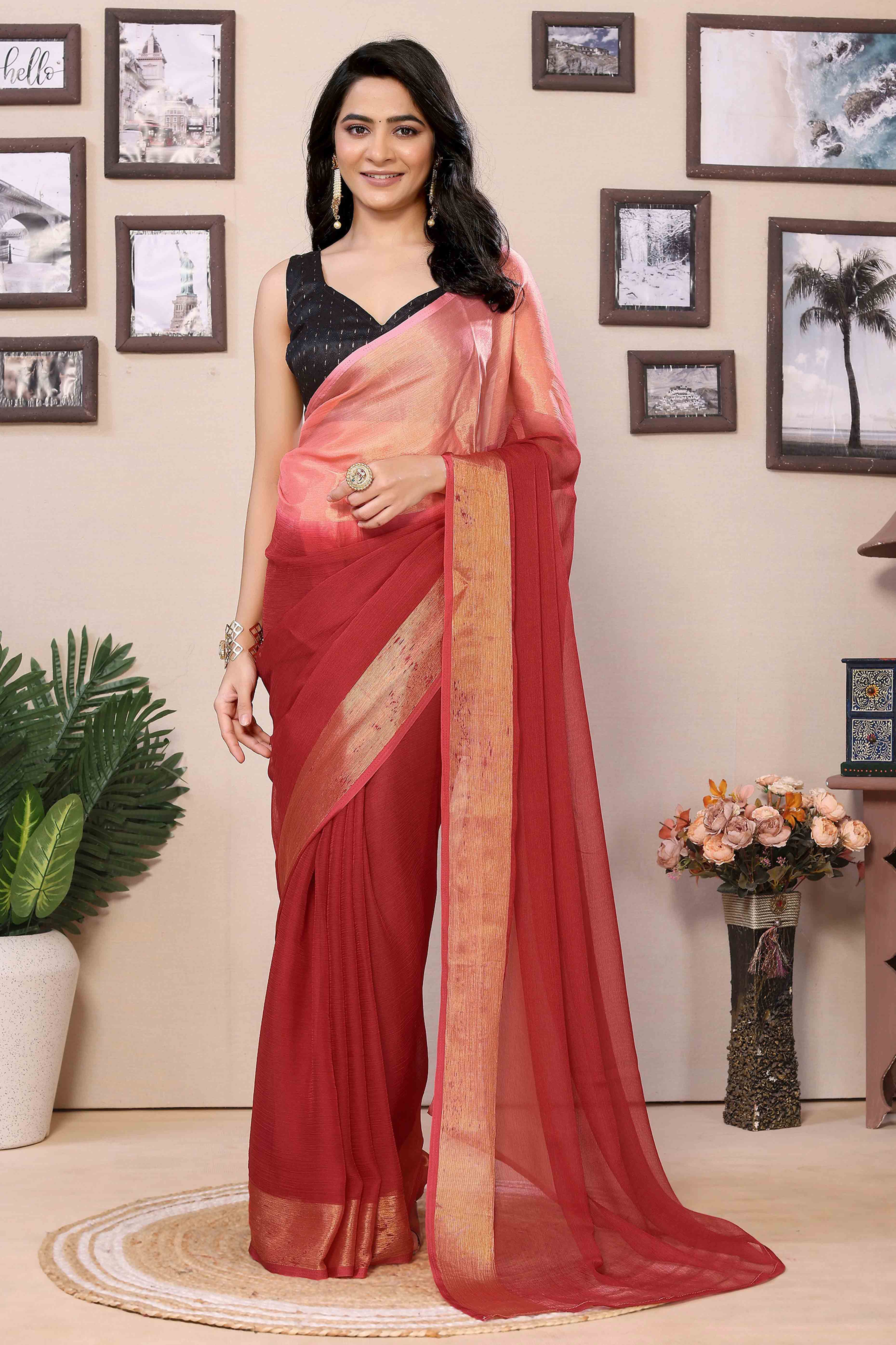 Red & Peach Solid With Zari Woven Border Chiffon Ready To Wear Ombre Saree