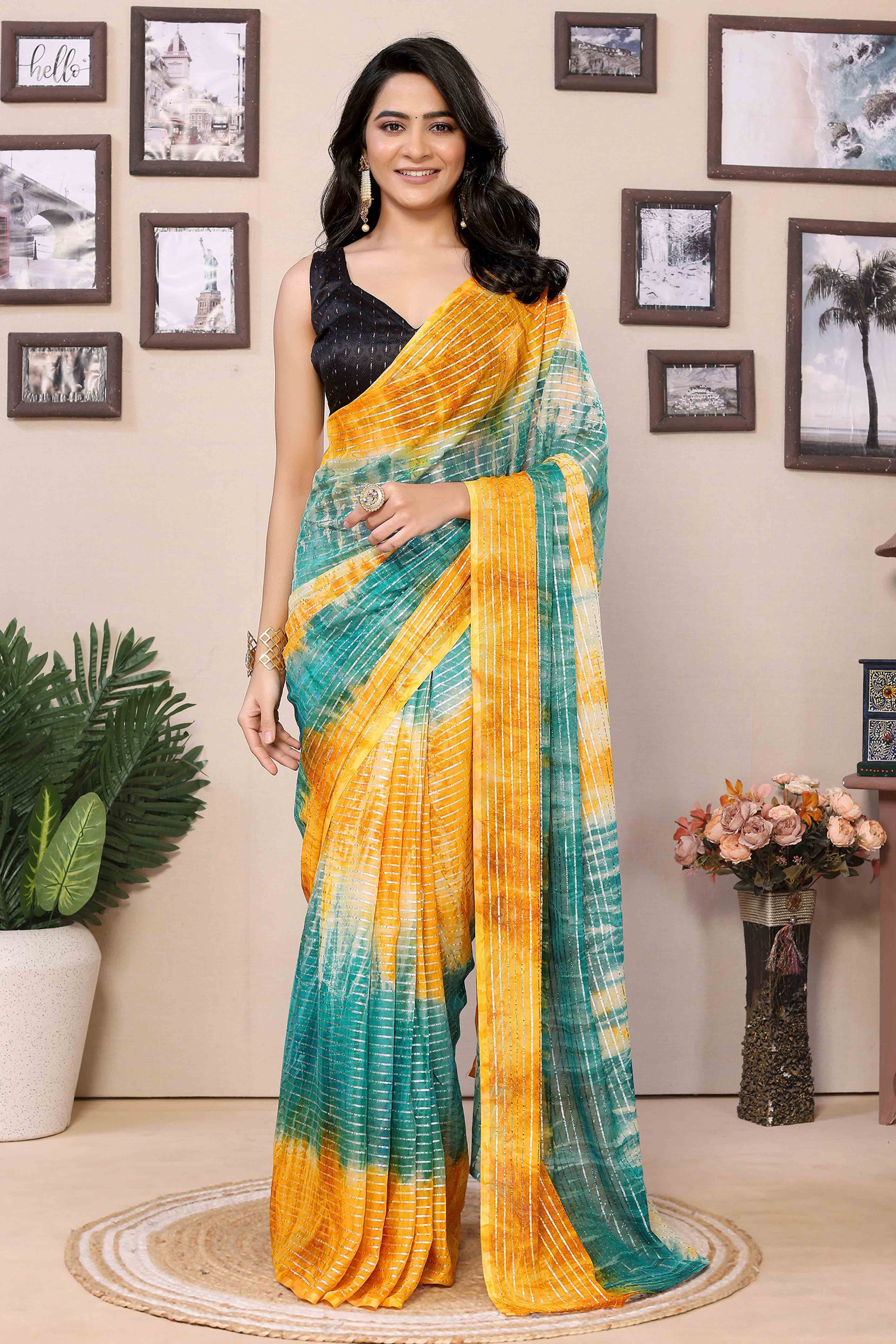 Yellow & Blue Striped Zari With Digital Printed Georgette Ready To Wear Saree