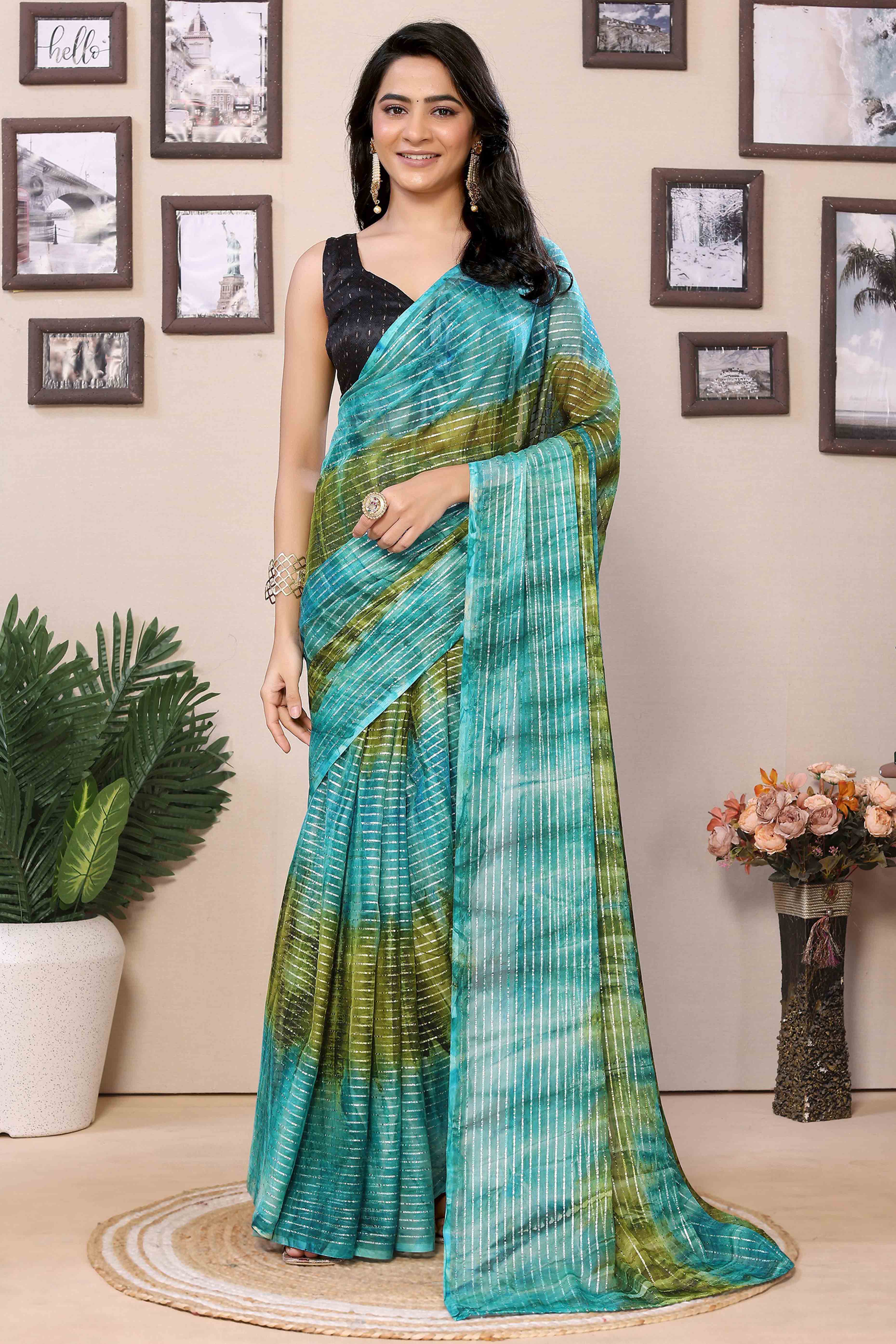 Blue & Green Striped Zari With Digital Printed Georgette Ready To Wear Saree