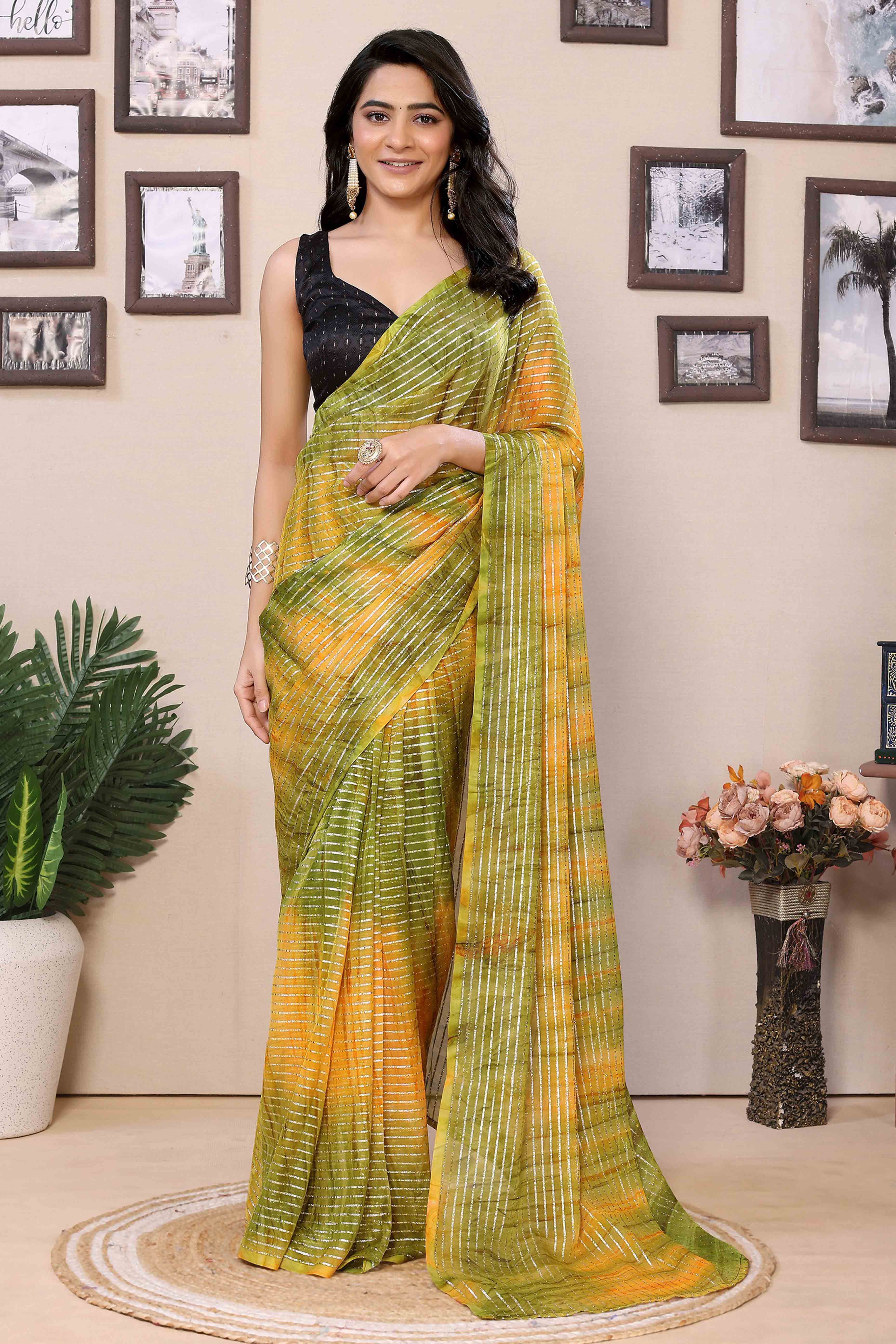 Yellow & Green Striped Zari With Digital Printed Georgette Ready To Wear Saree