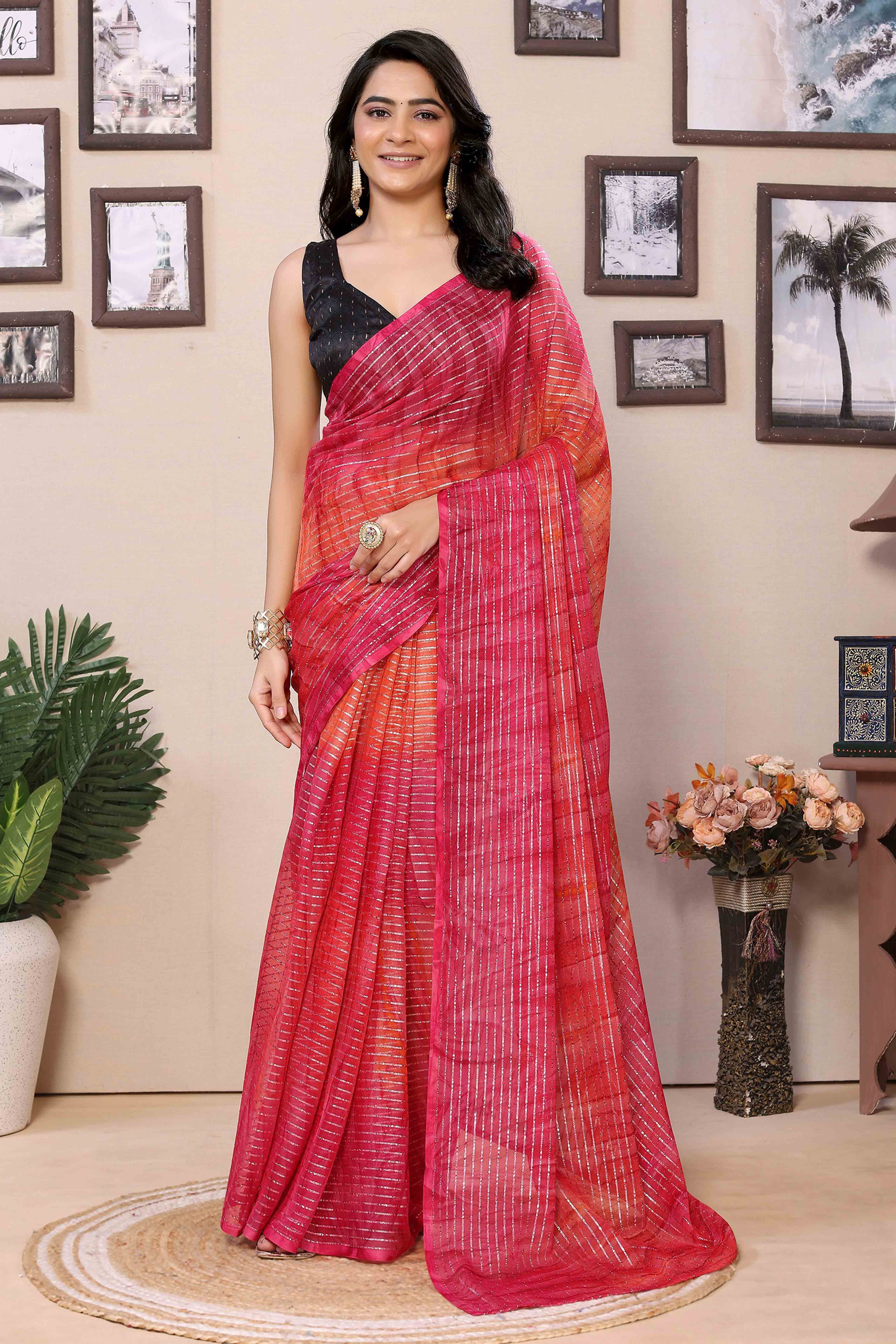 Magenta & Orange Striped Zari With Digital Printed Georgette Ready To Wear Saree