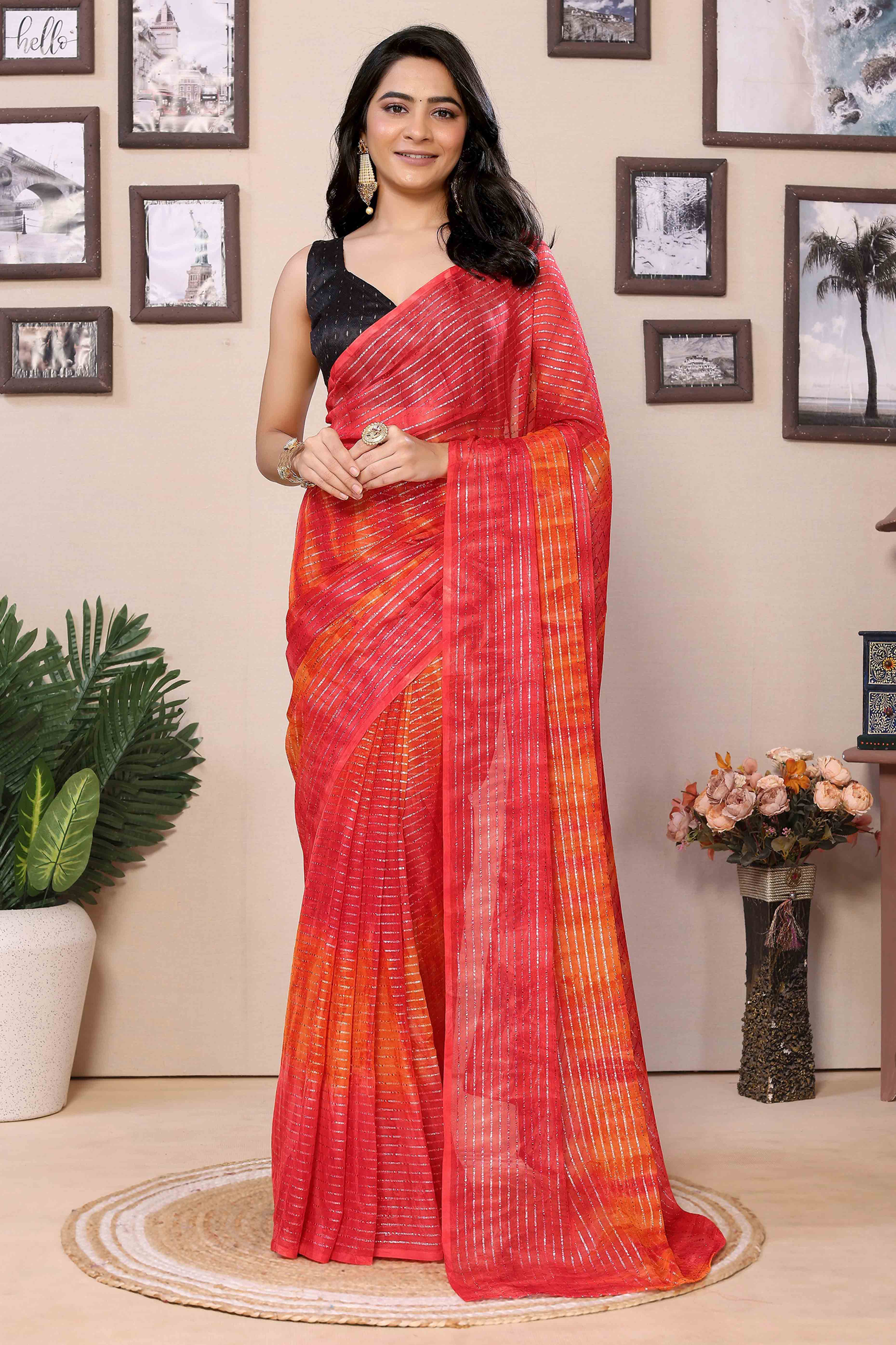 Pink & Orange Striped Zari With Digital Printed Georgette Ready To Wear Saree