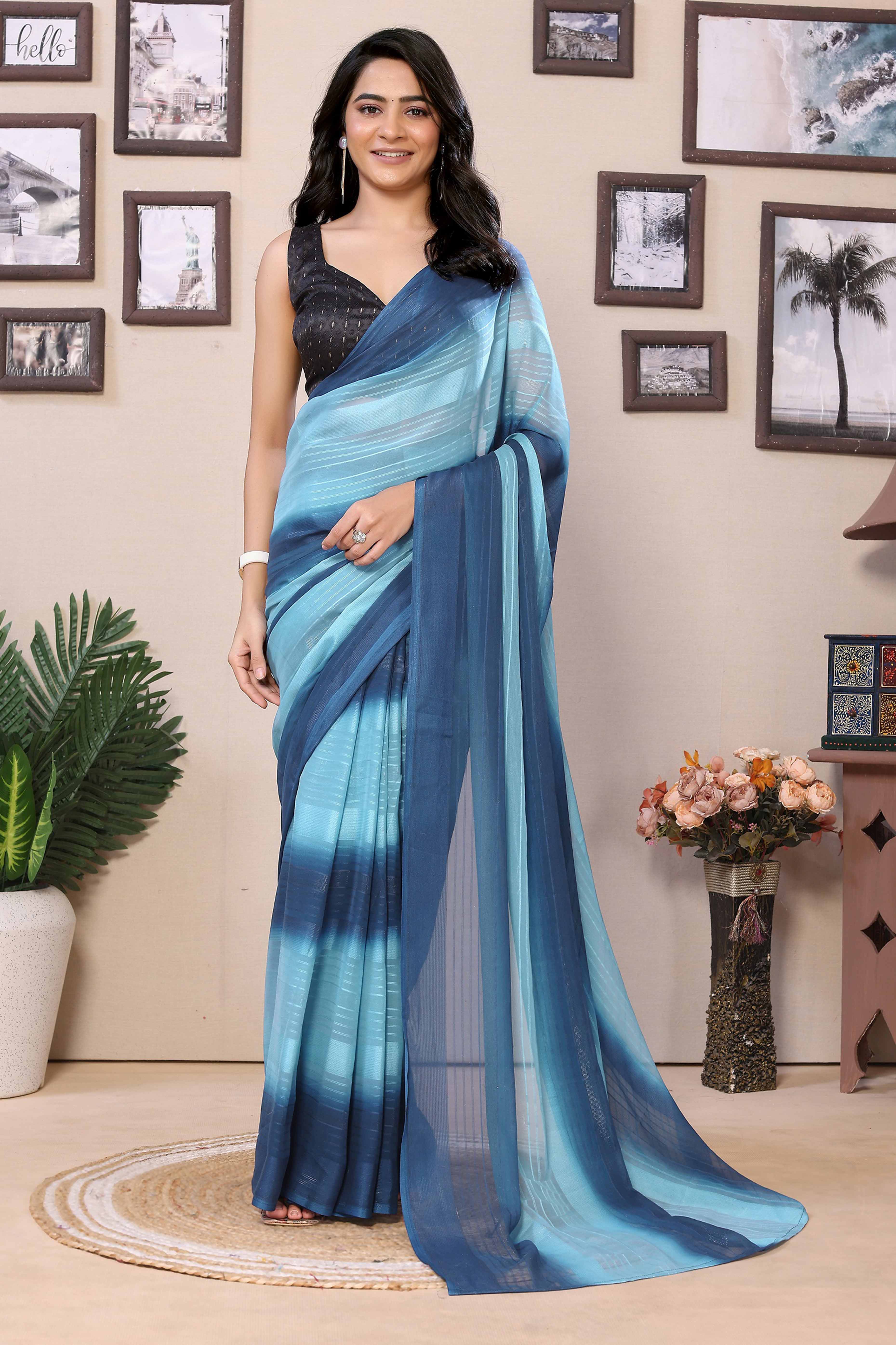 Blue Striped Zari With Digital Printed Georgette Ready To Wear Saree