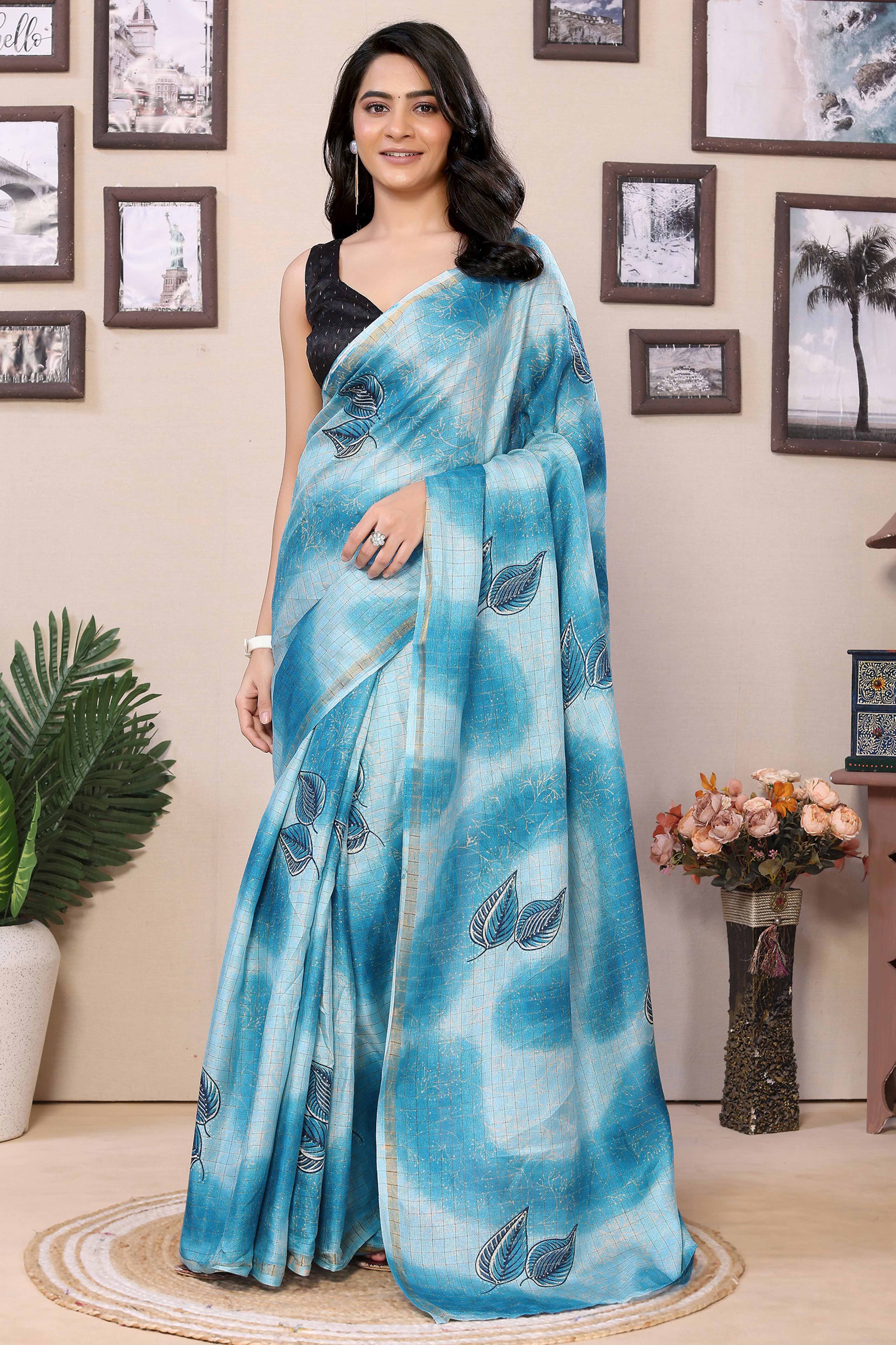 Blue Woven With Printed Silk Ready To Wear Saree