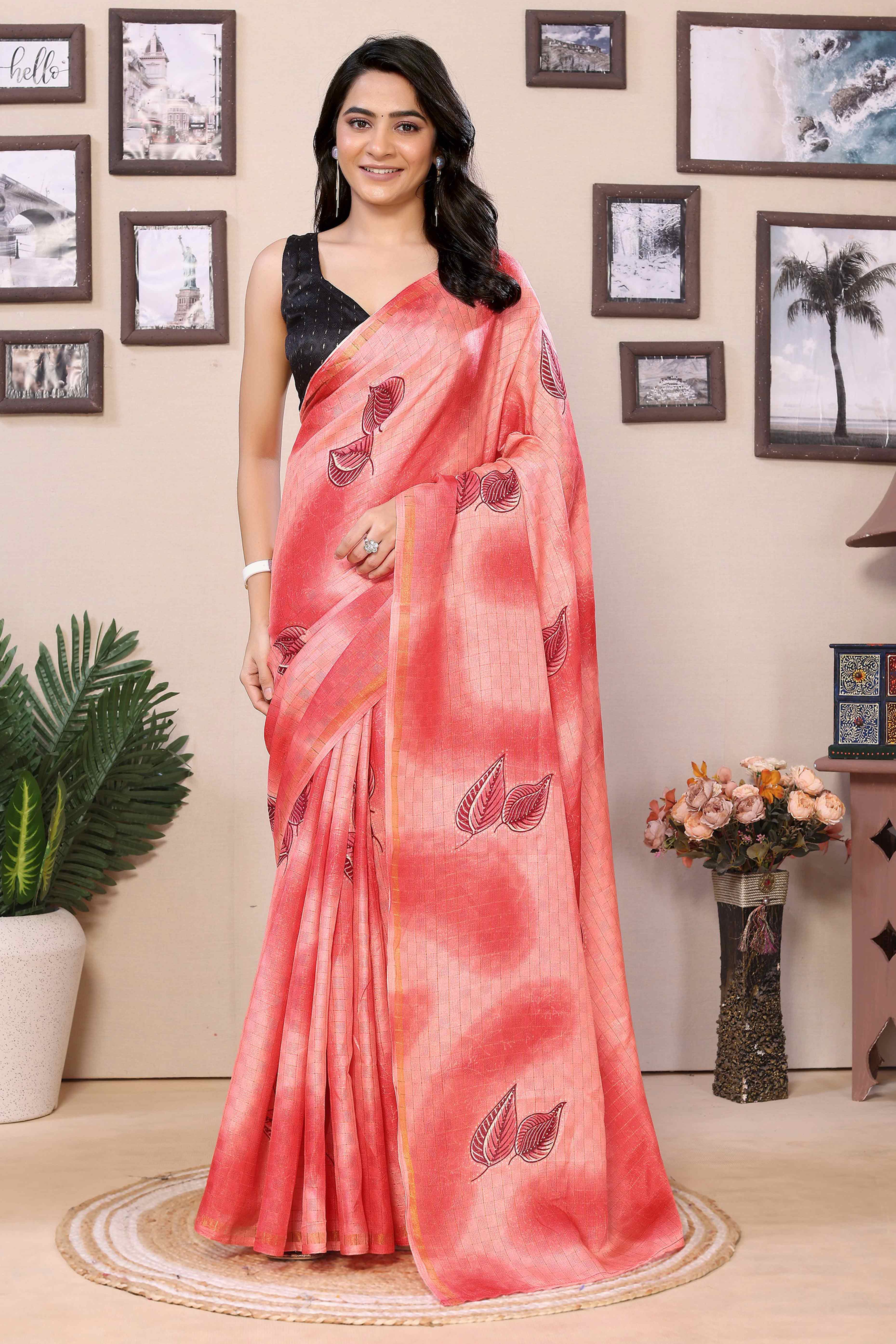 Peach & Red Woven With Printed Silk Ready To Wear Saree