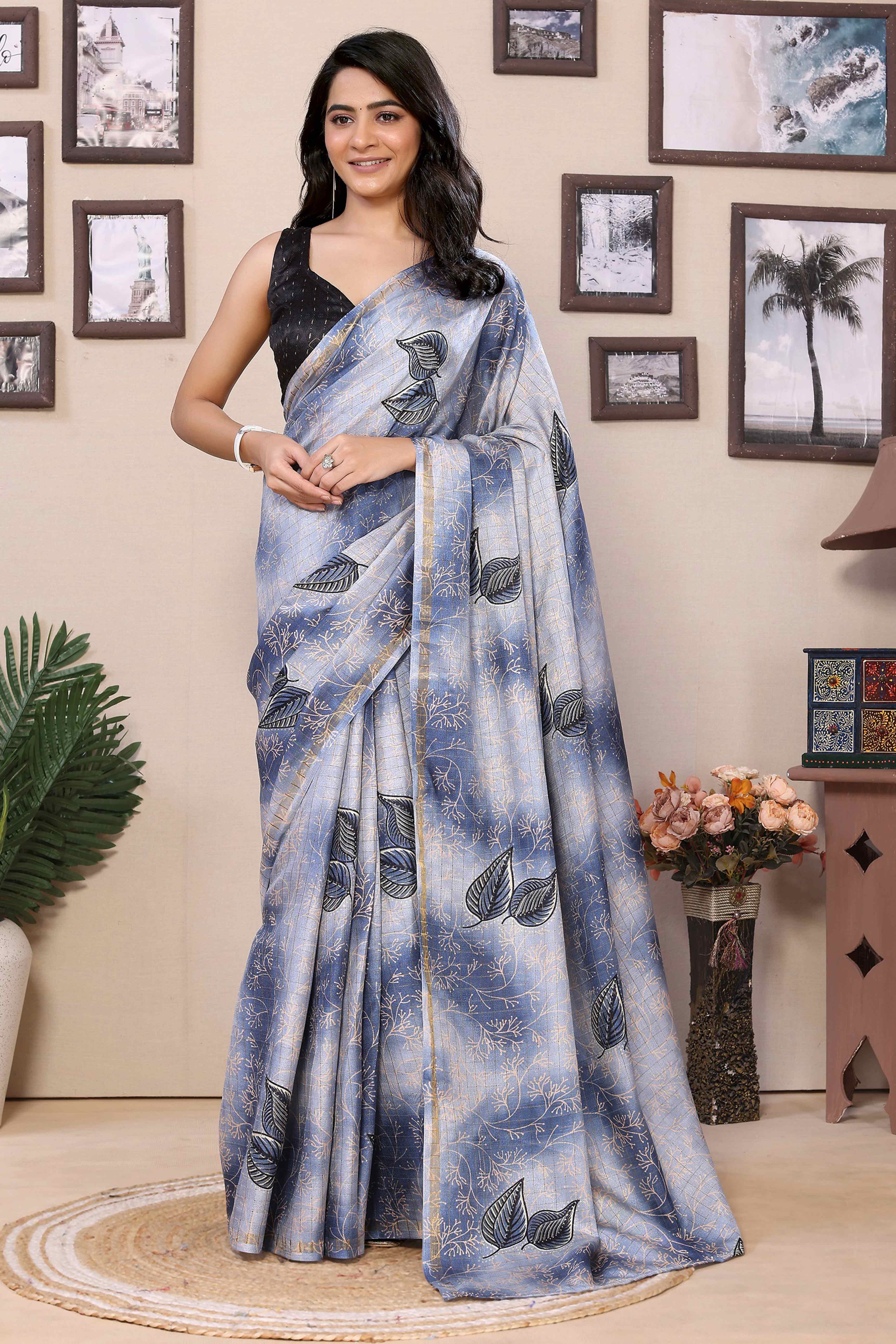 Navy Blue Woven With Printed Silk Ready To Wear Saree