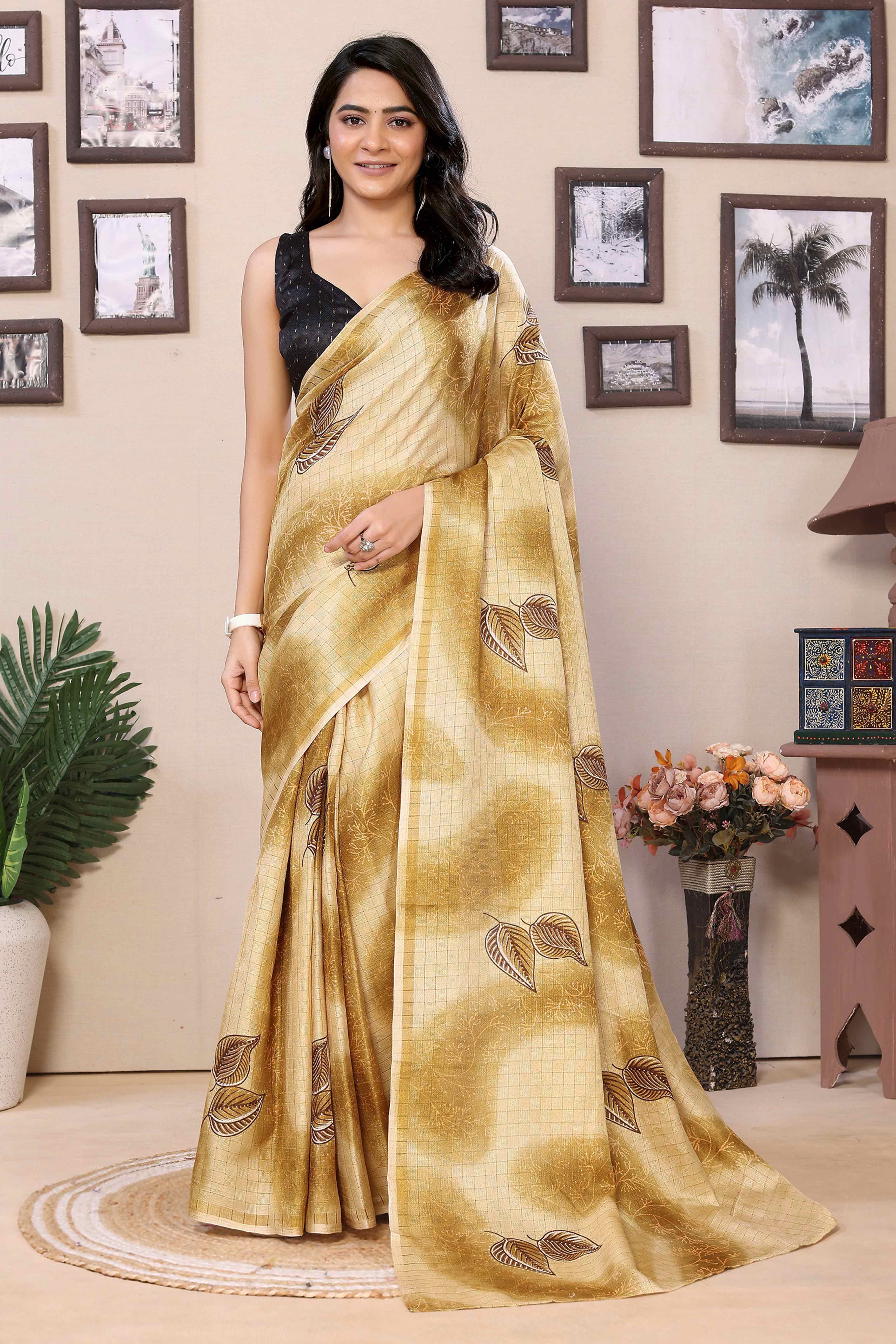 Mustard Woven With Printed Silk Ready To Wear Saree