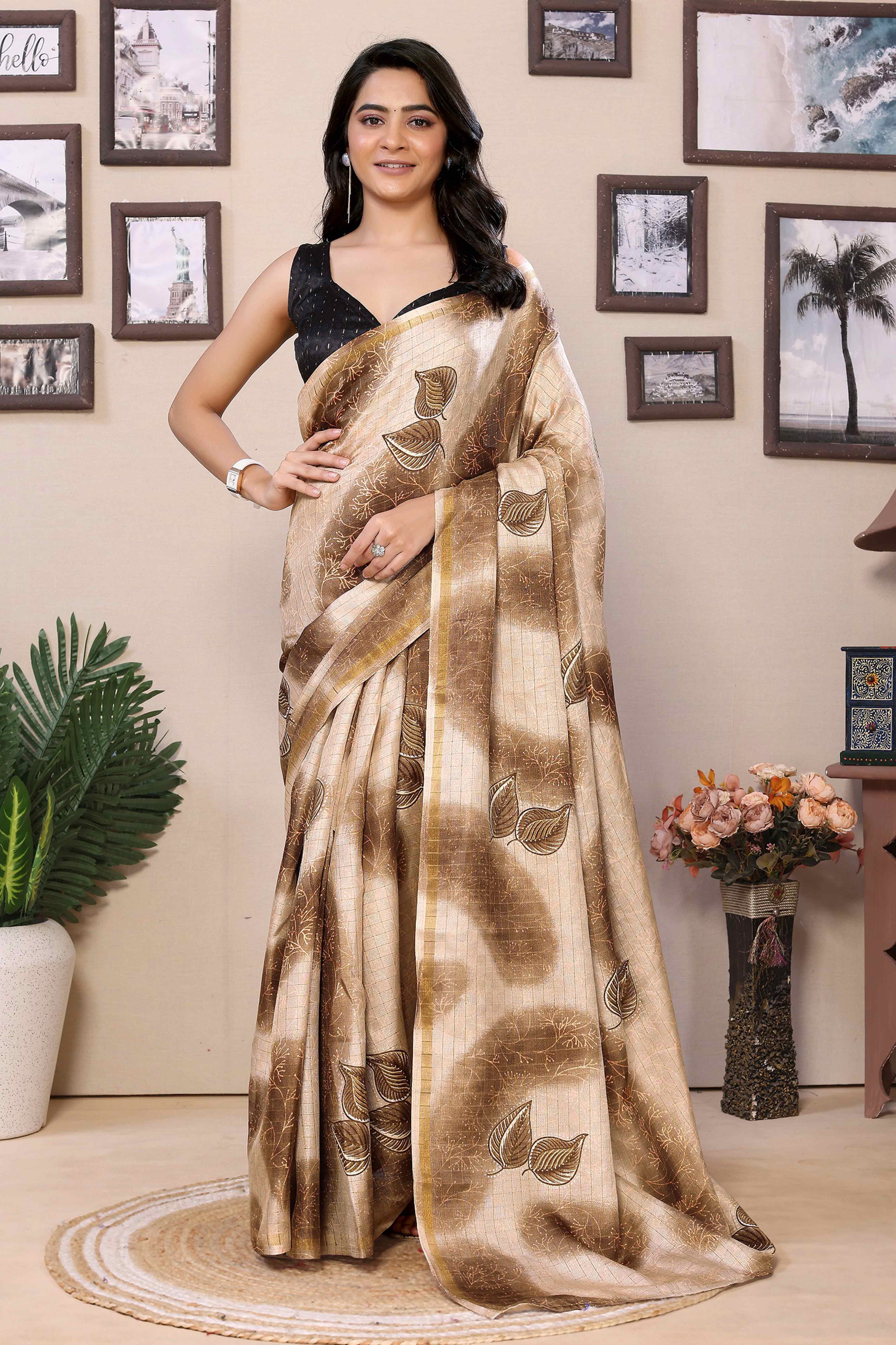 Brown Woven With Printed Silk Ready To Wear Saree