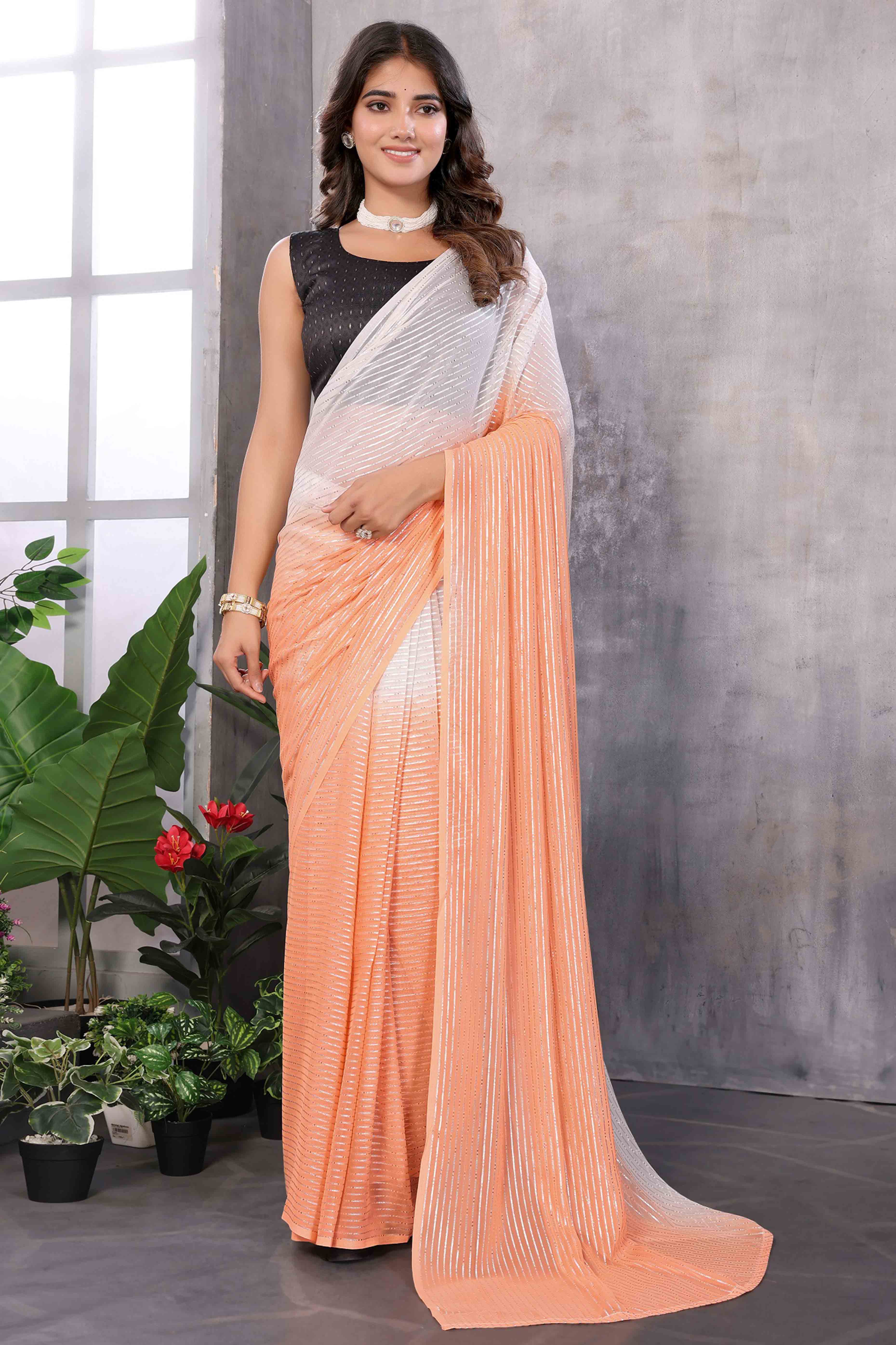 Orange Striped Zari Woven Art Silk Ready To Wear Saree