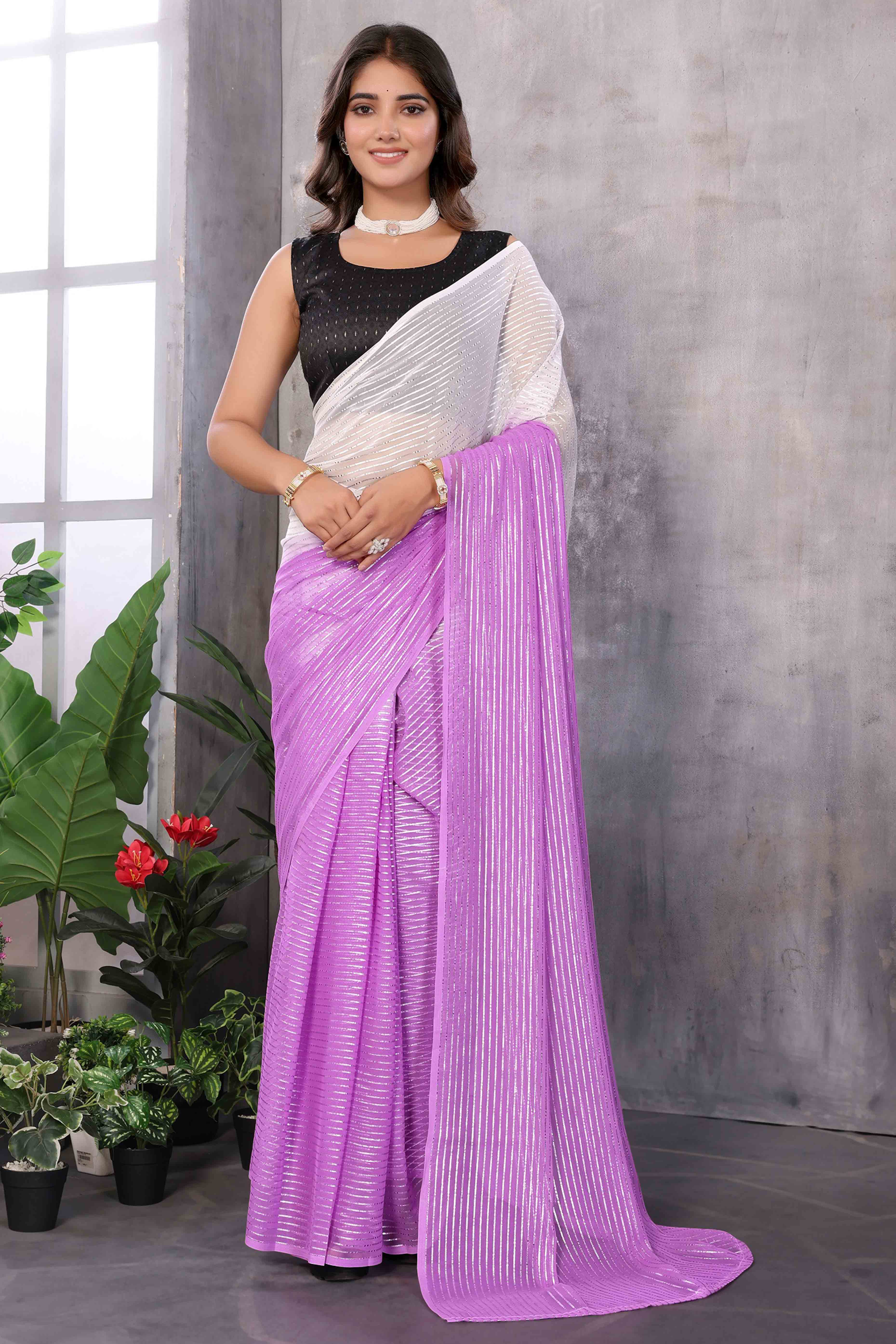 Purple Striped Zari Woven Art Silk Ready To Wear Saree