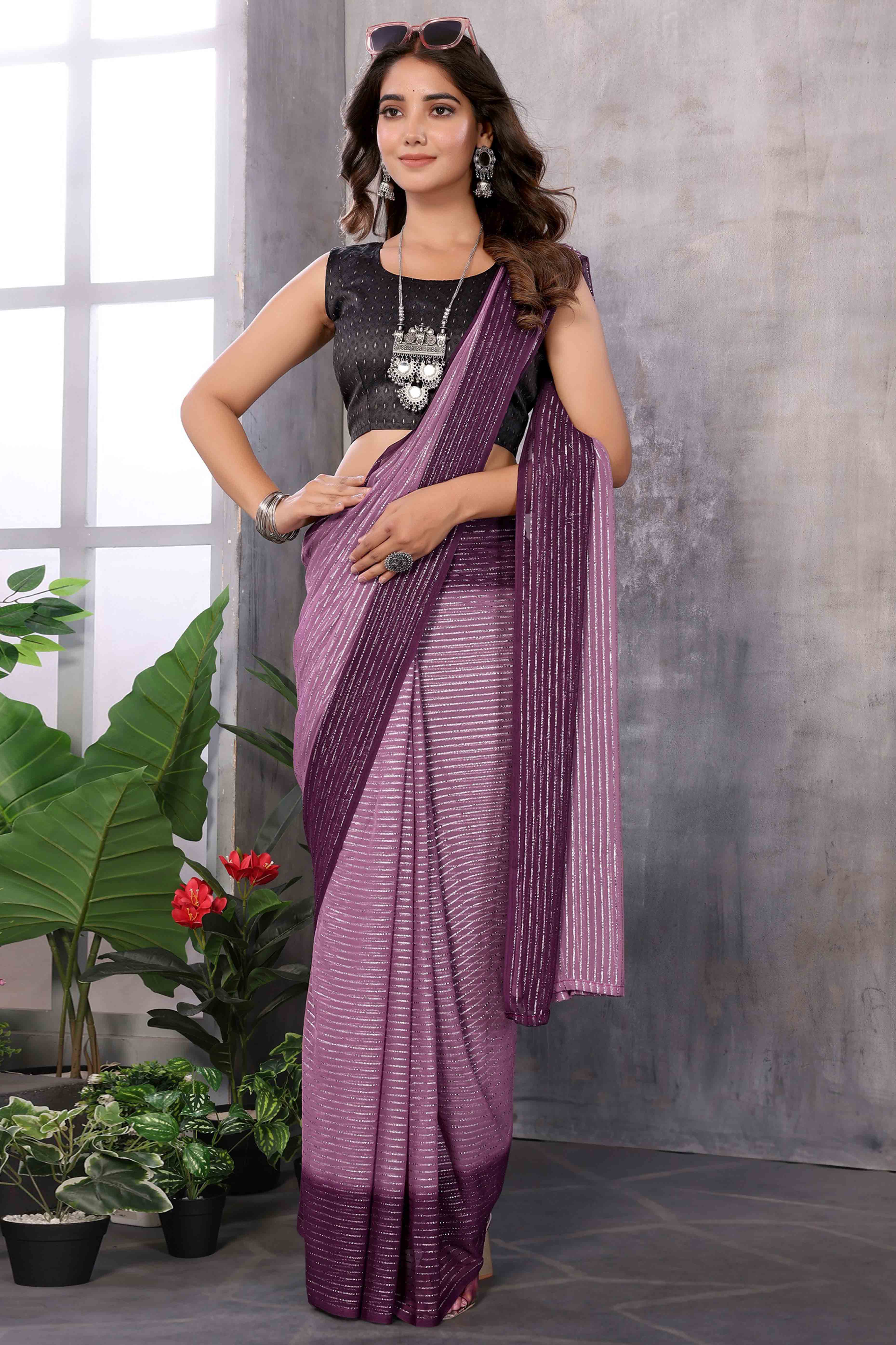 Purple Striped Zari Woven Art Silk Ready To Wear Saree