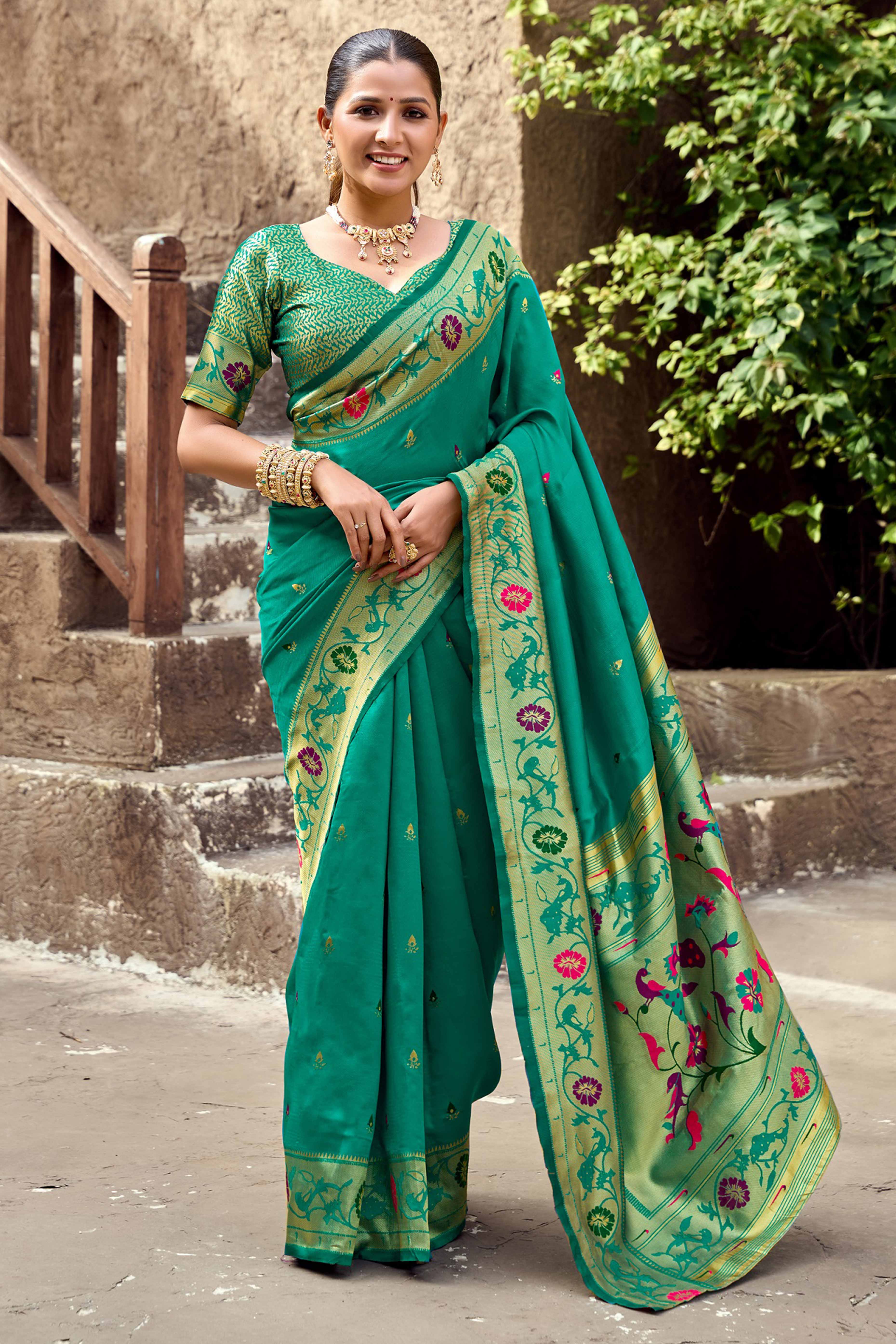 Rama Green Paithani Style Soft Silk Saree with Zari Weaving
