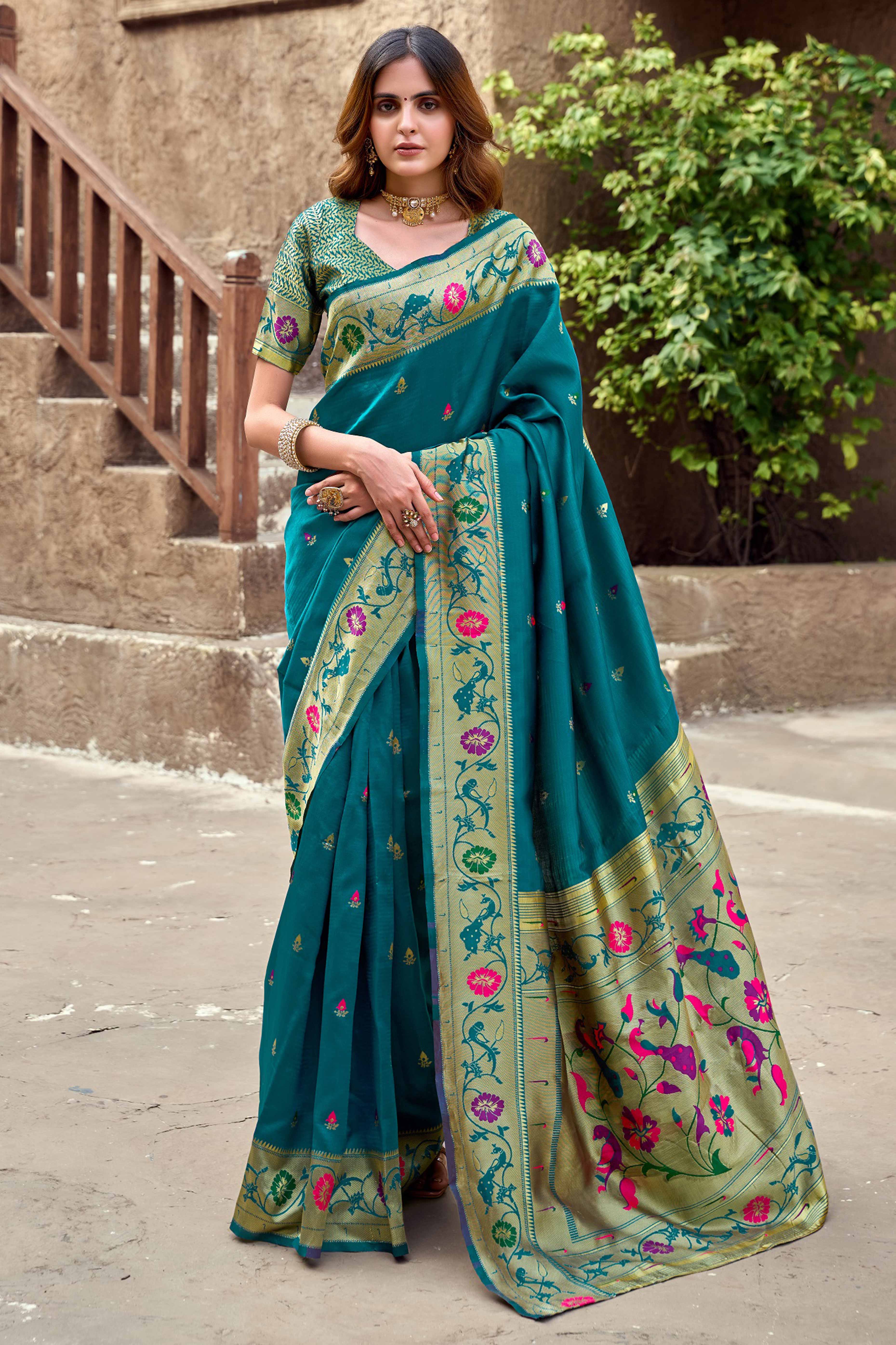 Teal Paithani Style Soft Silk Saree with Zari Weaving