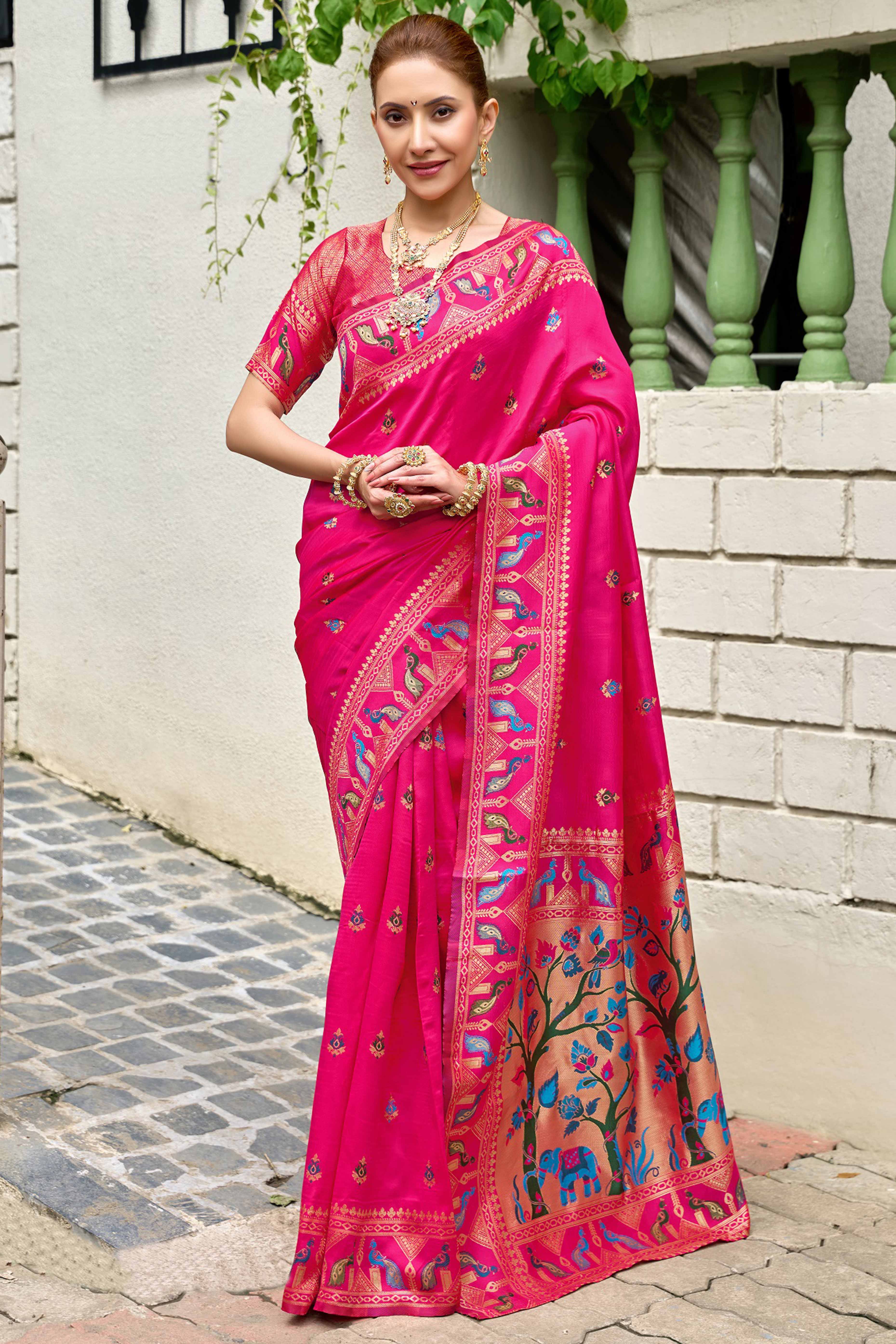 Pink Paithani Style Soft Silk Saree with Zari Weaving