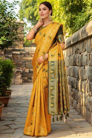 Yellow Paithani Saree In Silk Blend Highlighted With Floral Weaving & Tasselled Edge