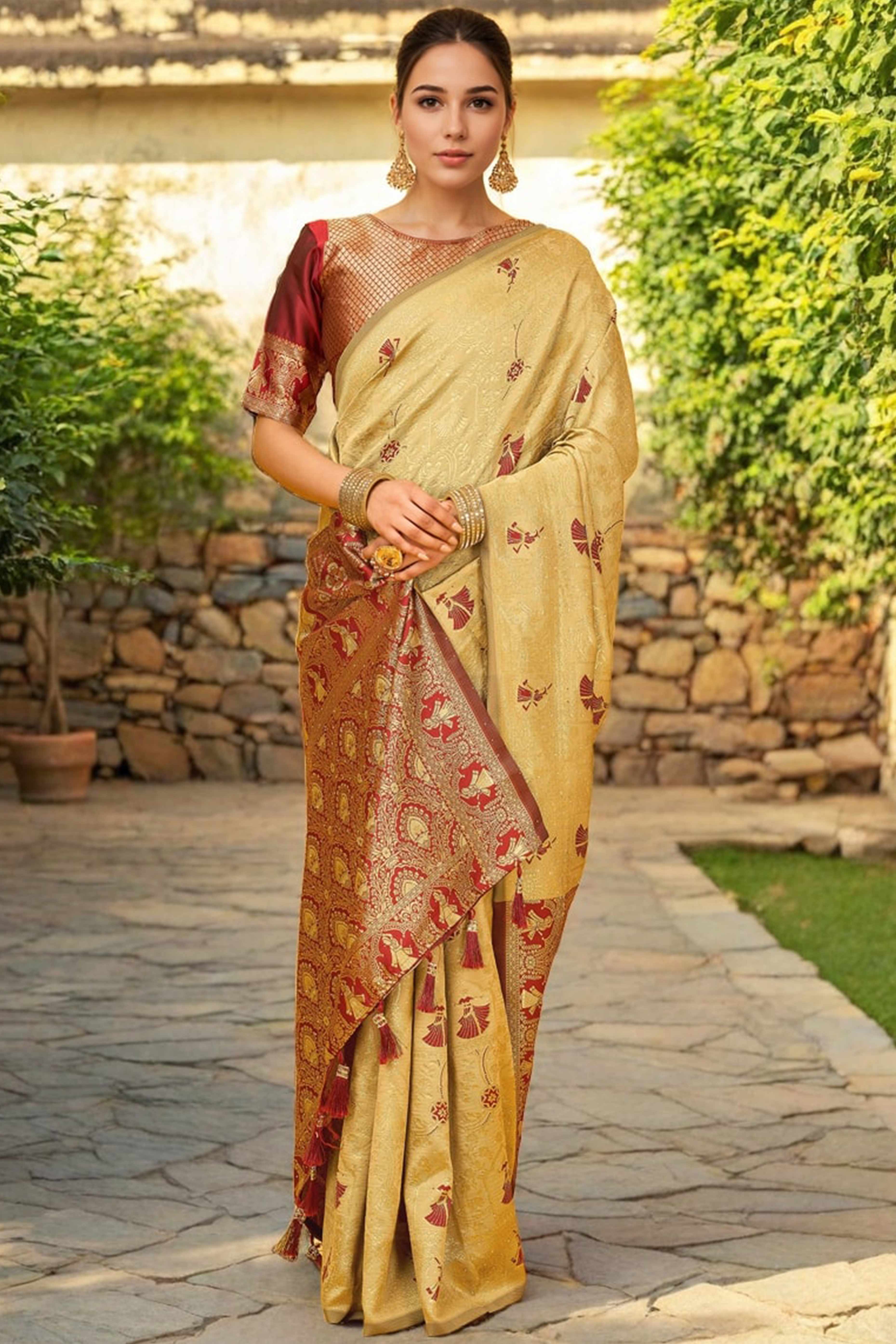 Chikoo Paithani Saree In Silk Blend Highlighted With Floral Weaving & Tasselled Edge