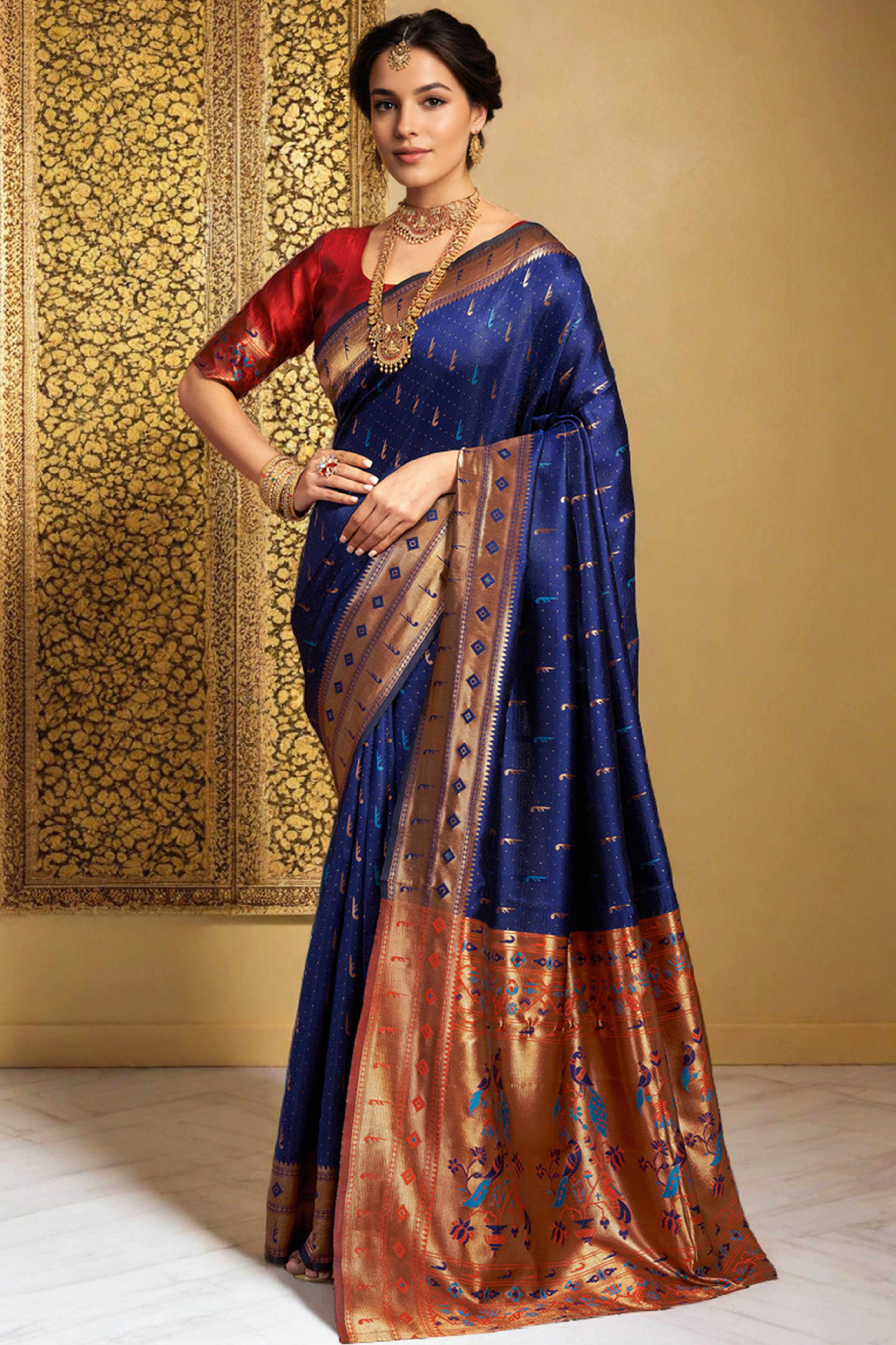 Navy Blue Silk Blend Paithani Saree Adorned With Zari Weaving & Peacock Motif Pallu