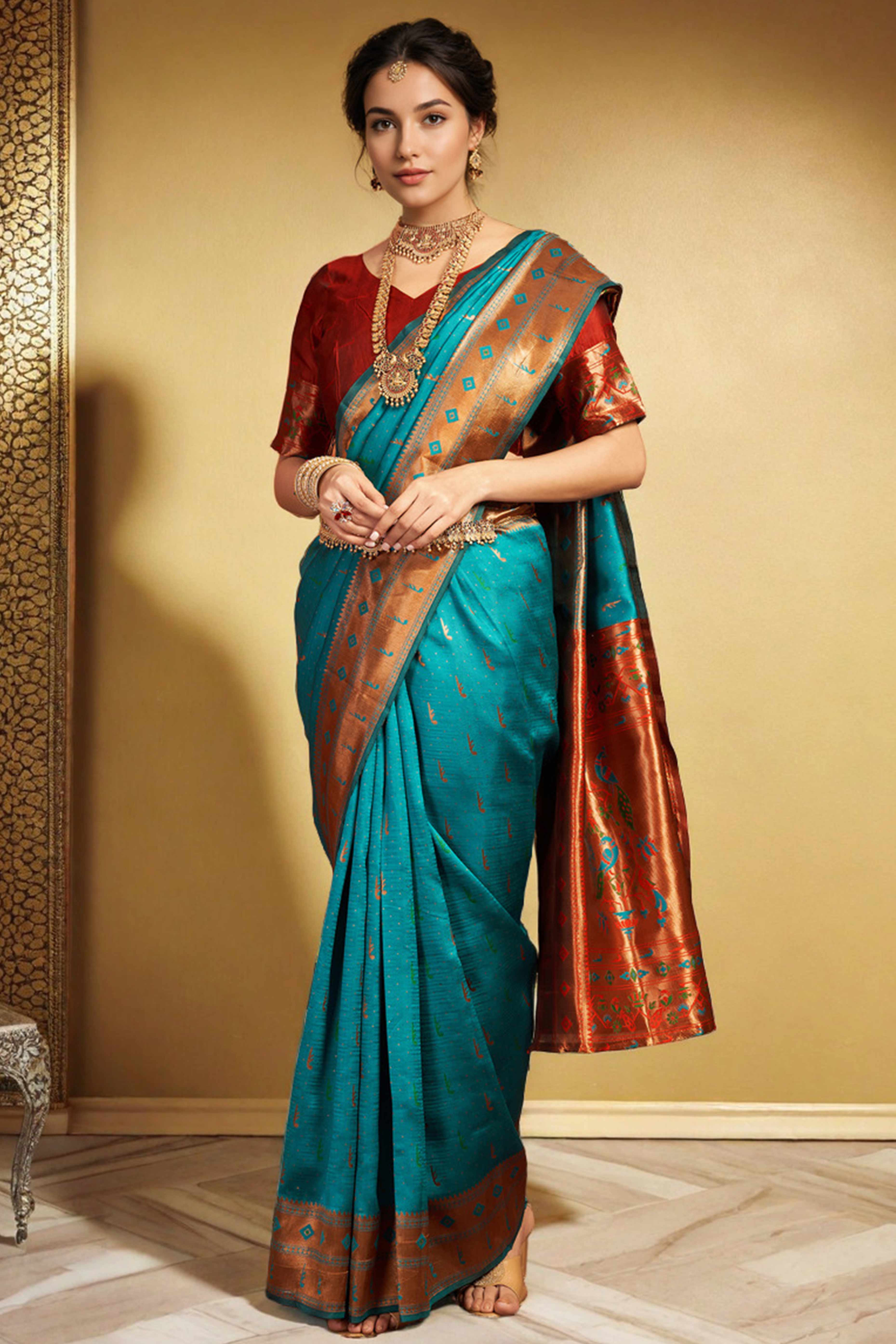 Rama Blue Silk Blend Paithani Saree Adorned With Zari Weaving & Peacock Motif Pallu