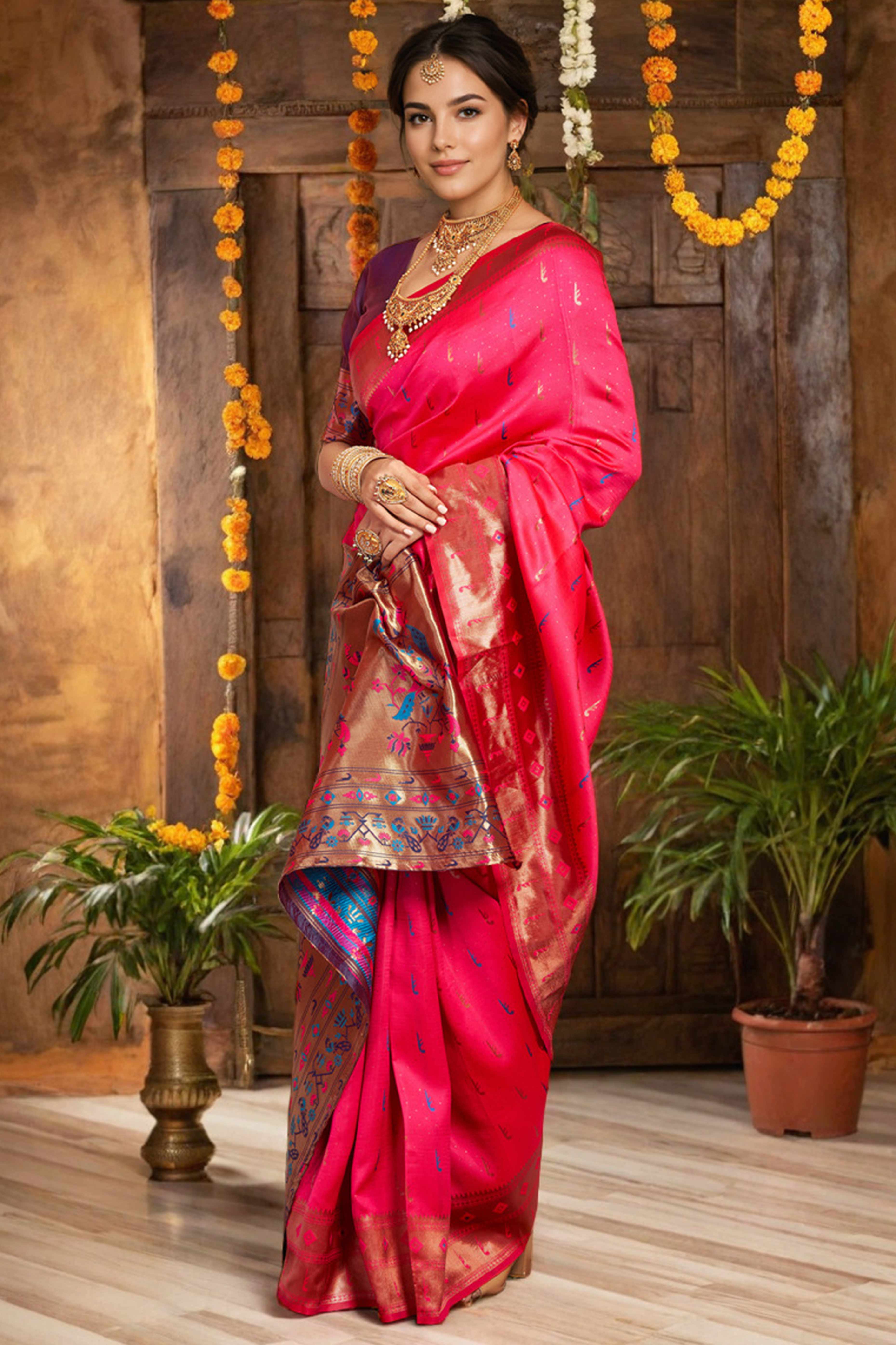 Pink Silk Blend Paithani Saree Adorned With Zari Weaving & Peacock Motif Pallu