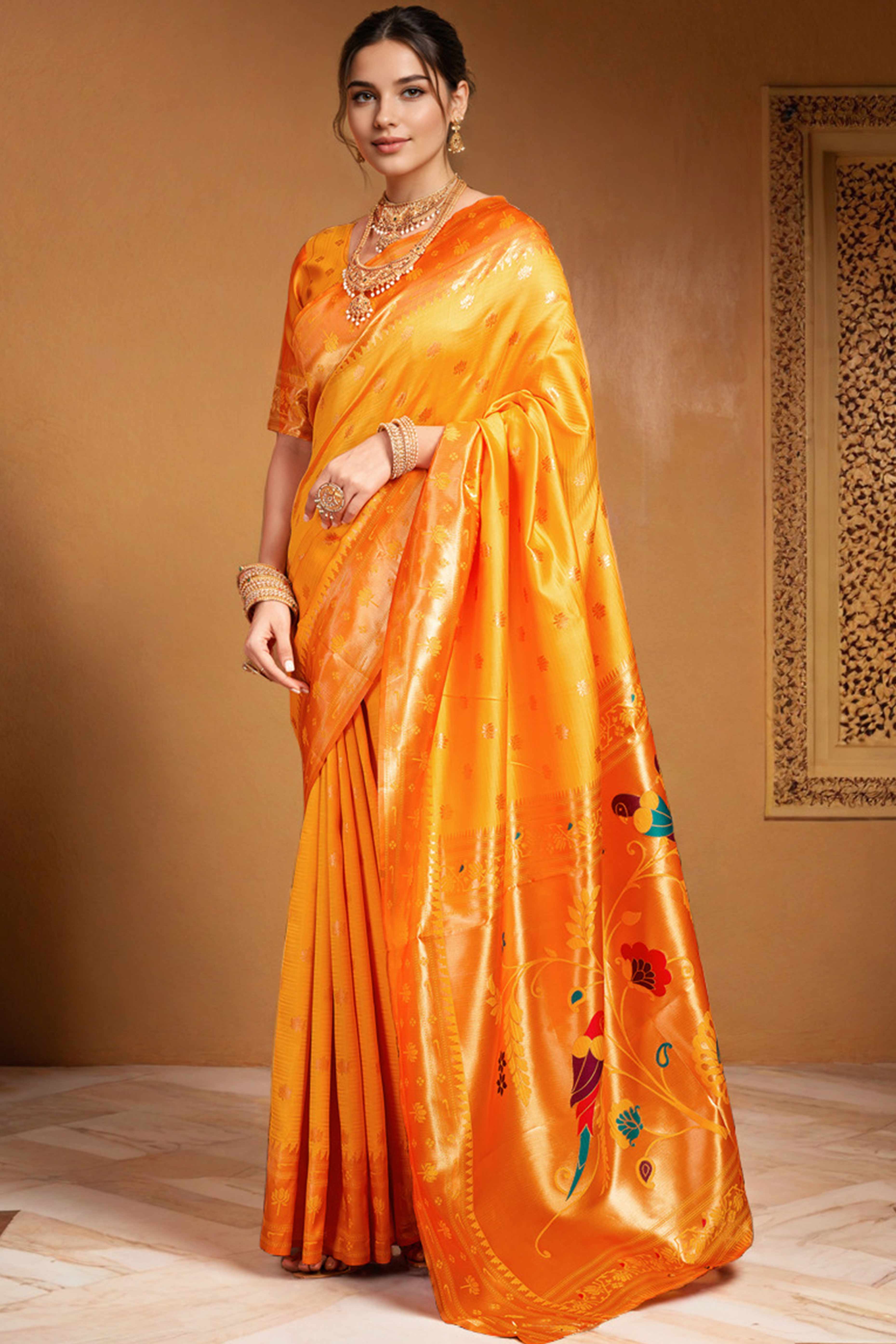 Orange Weaving Silk Blend Paithani Saree With Floral & Parrot Motif Pallu