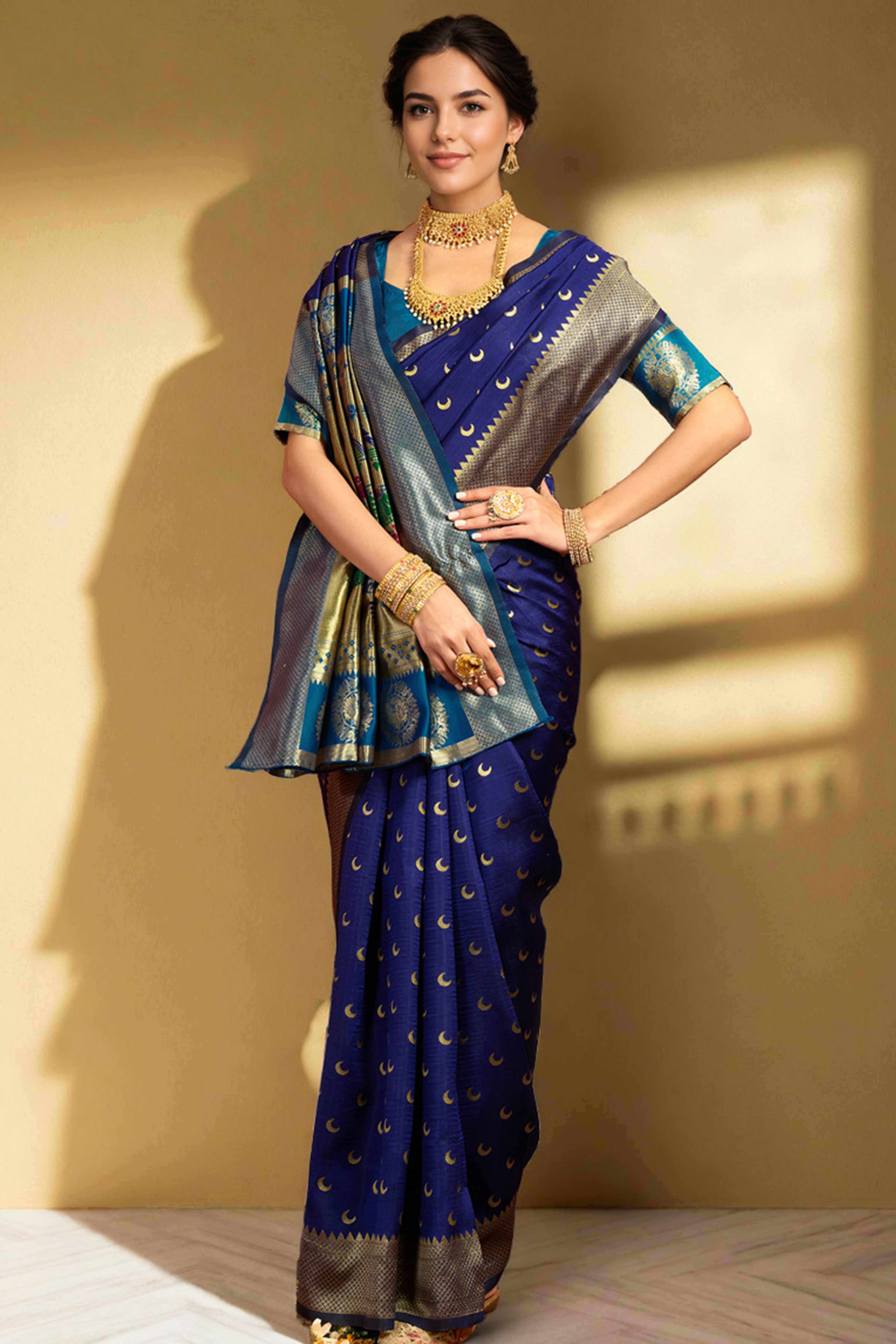 Navy Blue Chandrakor Paithani Silk Blend Saree With Intricate Zari Weaving