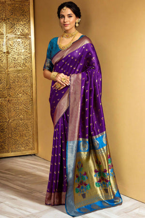 Purple Chandrakor Paithani Silk Blend Saree With Intricate Zari Weaving