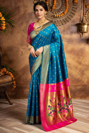 Blue Chandrakor Paithani Silk Blend Saree With Intricate Zari Weaving