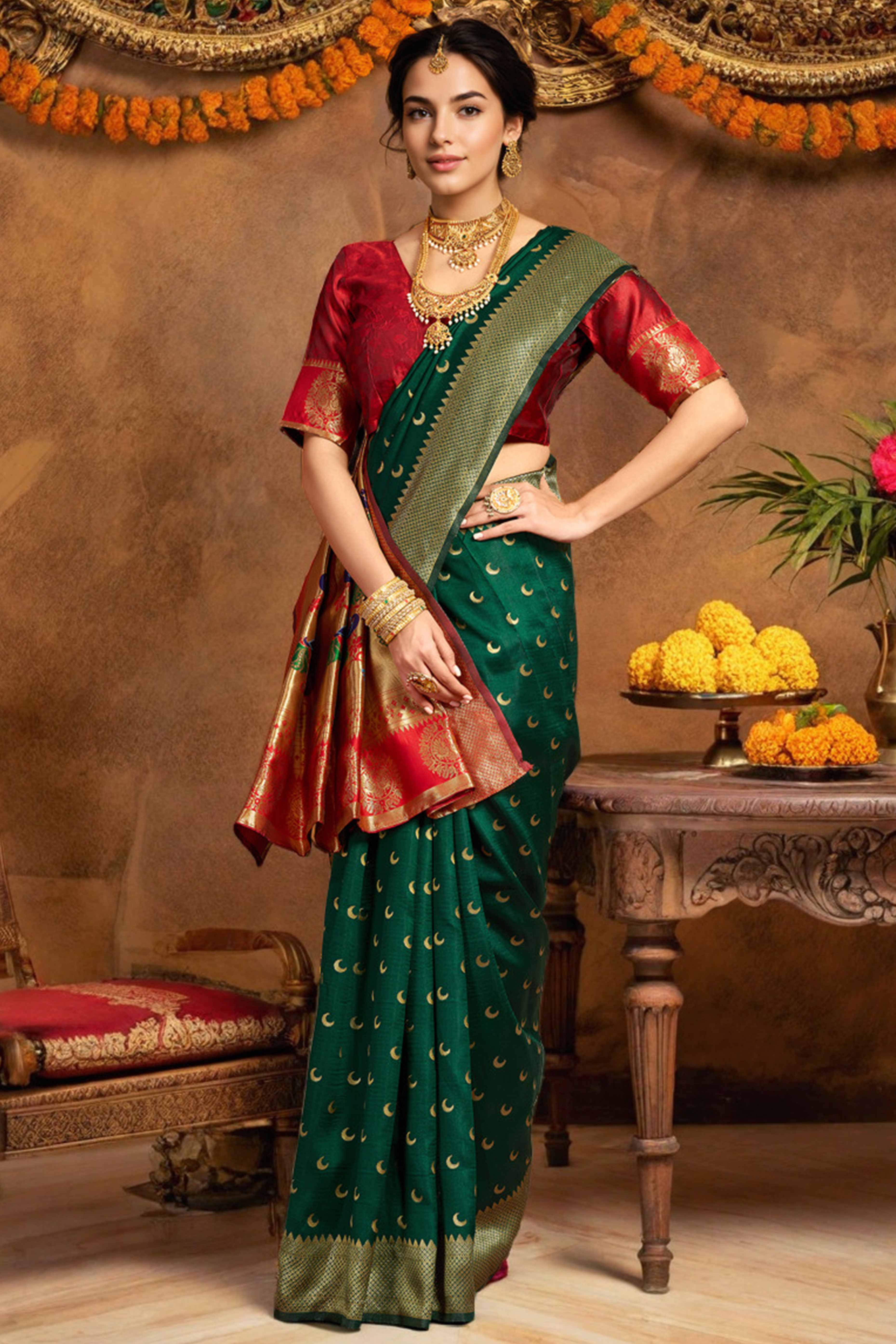 Green Chandrakor Paithani Silk Blend Saree With Intricate Zari Weaving