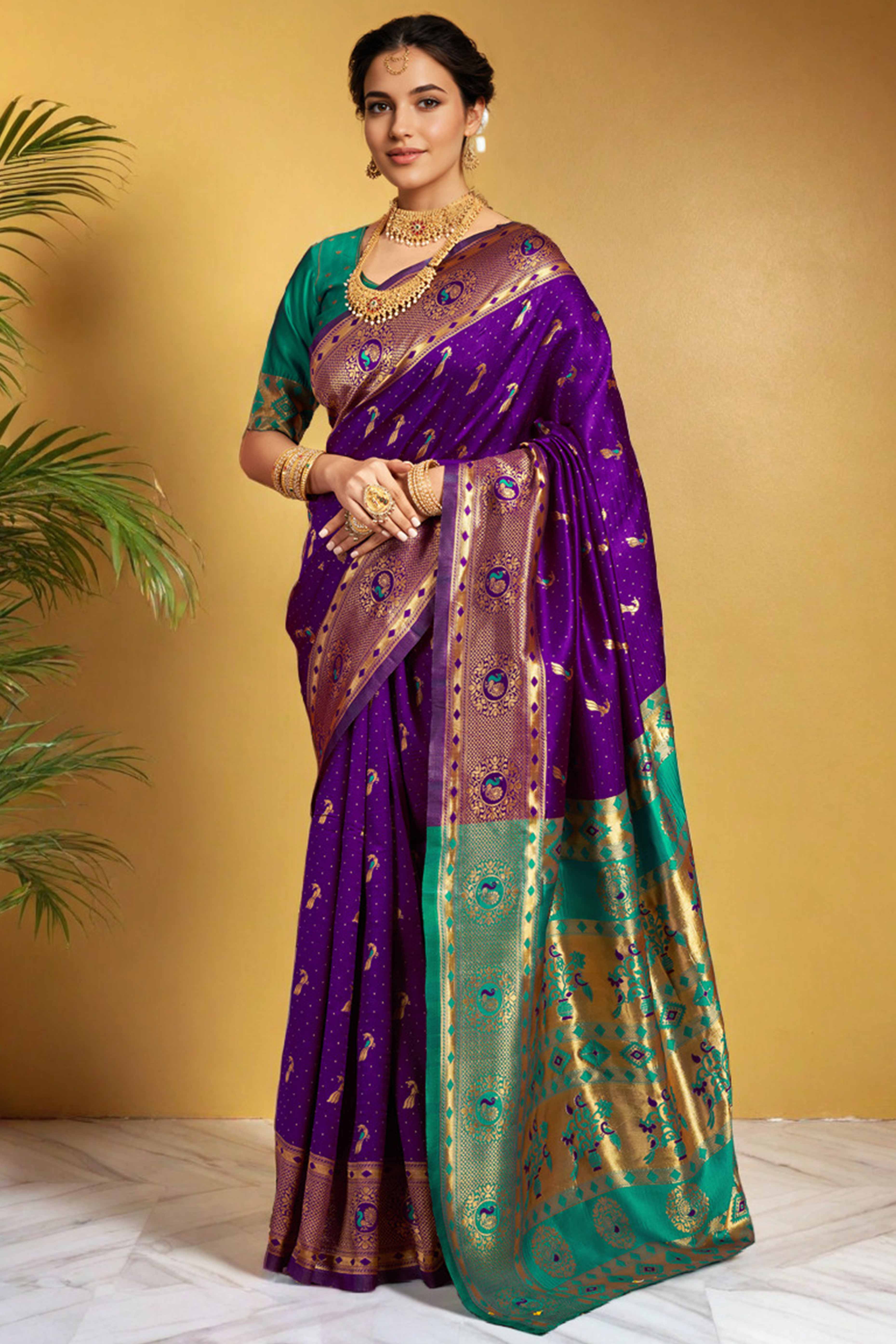 Purple Paithani Silk Blend Saree Featuring Intricate Zari Peacock &  Floral Weaving