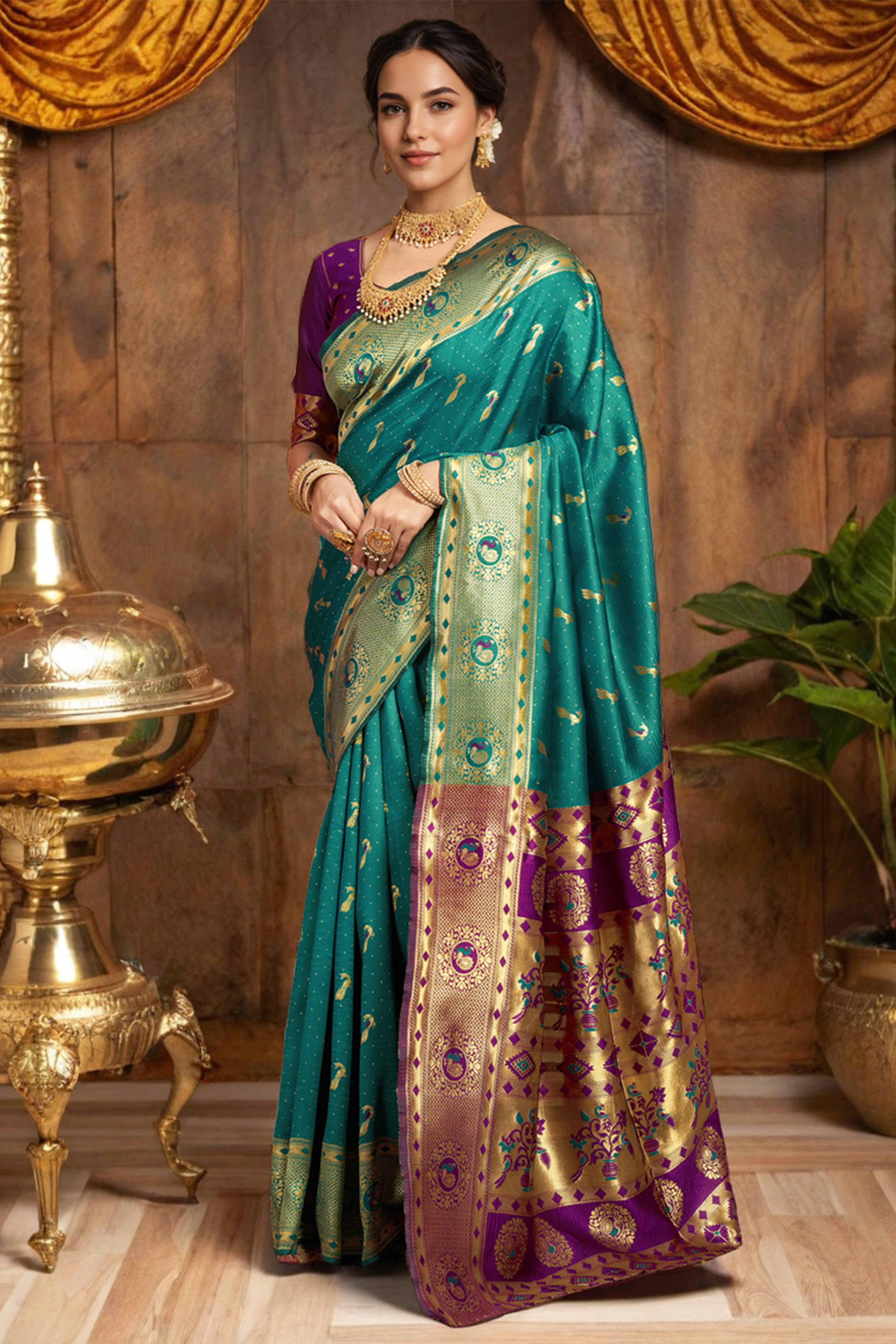 Rama Green Paithani Silk Blend Saree Featuring Intricate Zari Peacock &  Floral Weaving