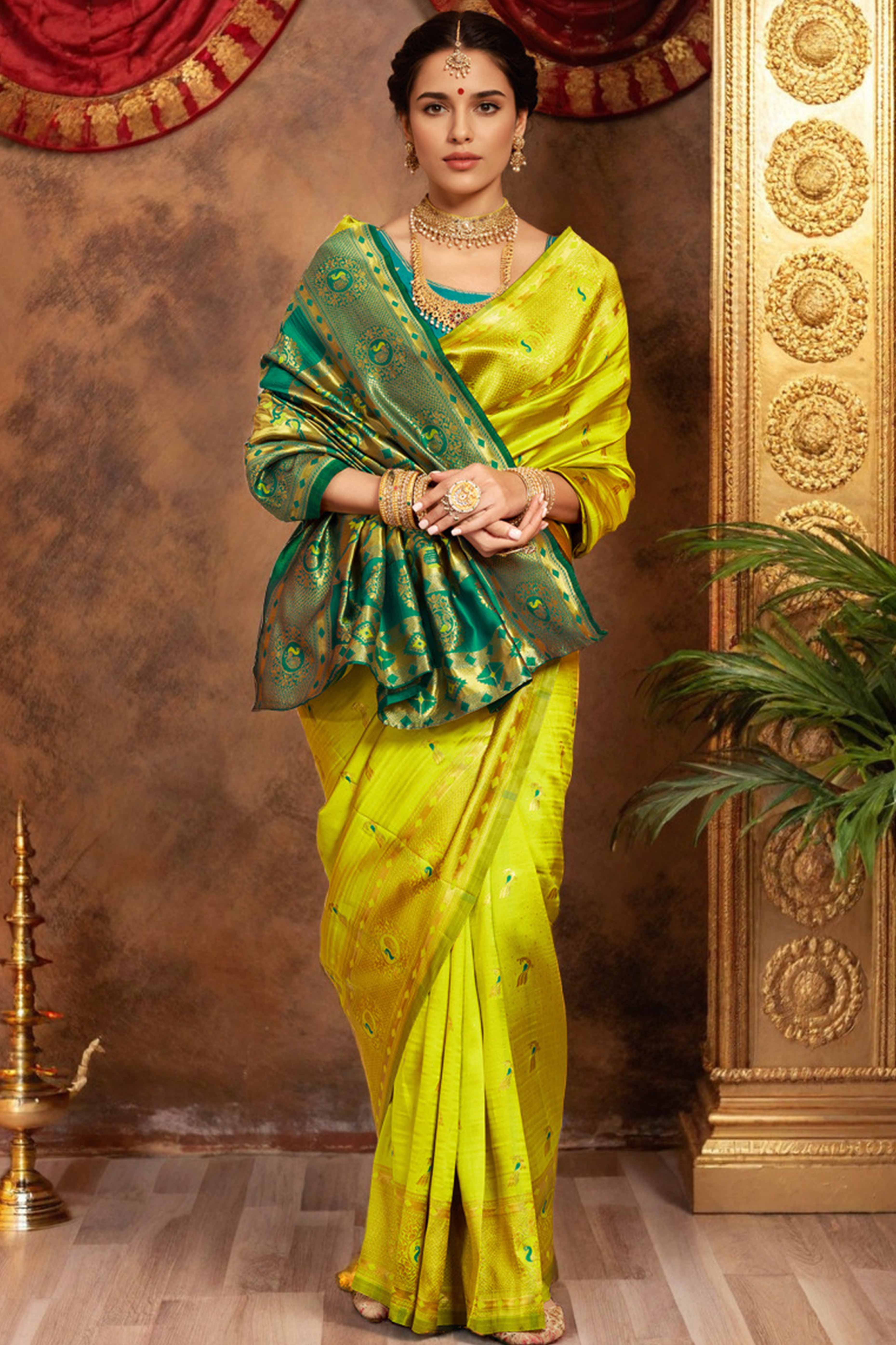 Lime Green Paithani Silk Blend Saree Featuring Intricate Zari Peacock &  Floral Weaving