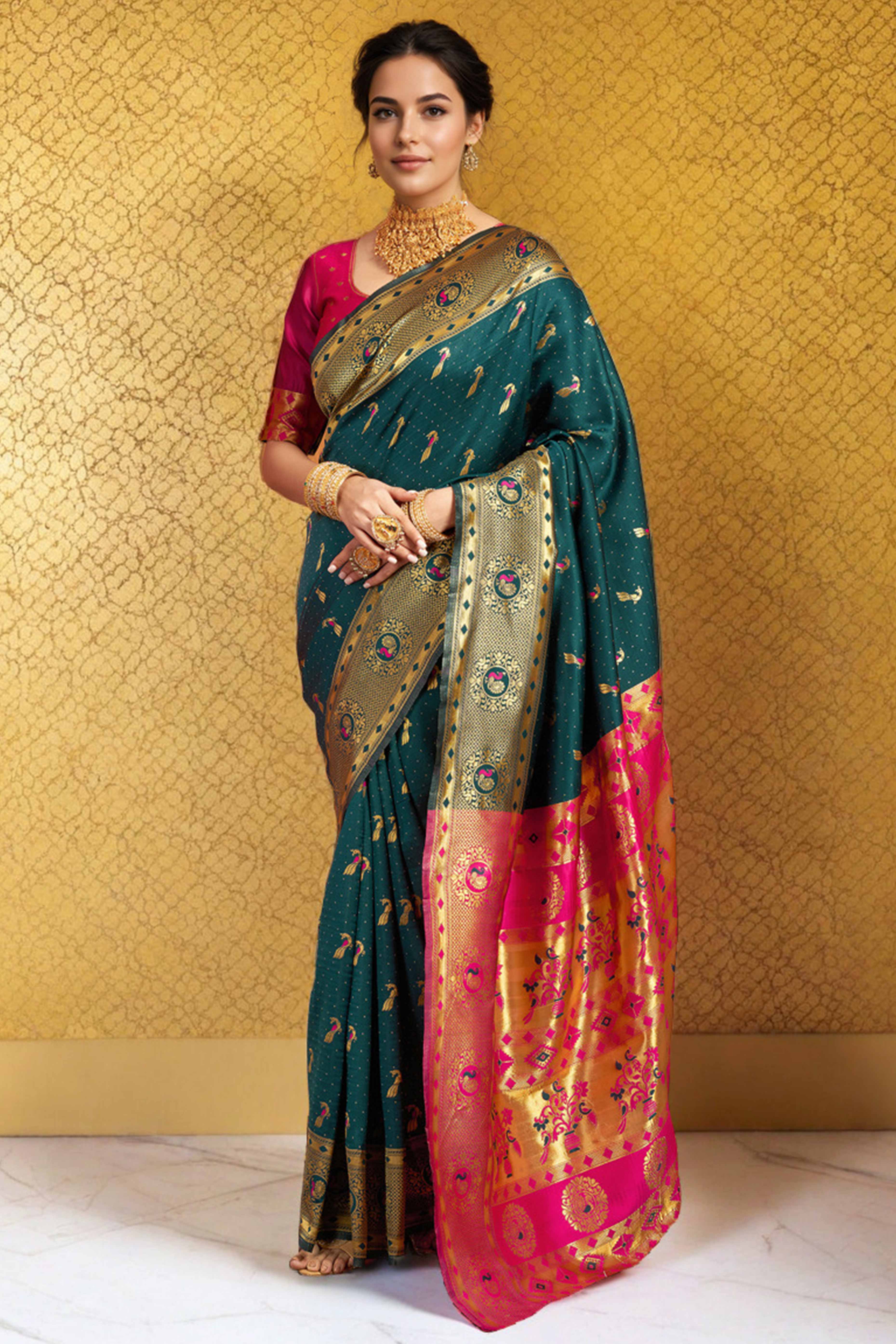 Teal Paithani Silk Blend Saree Featuring Intricate Zari Peacock &  Floral Weaving