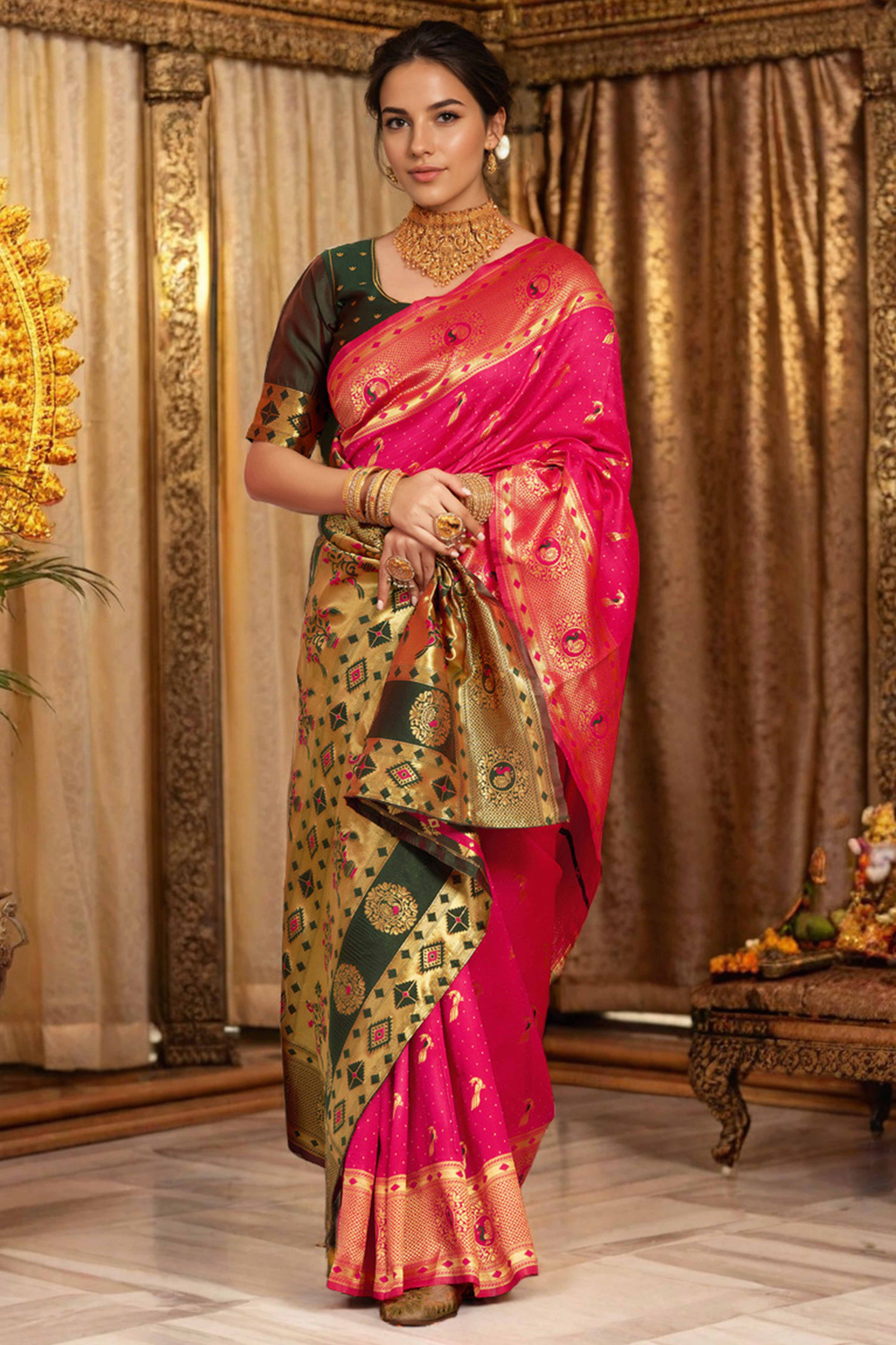 Pink Paithani Silk Blend Saree Featuring Intricate Zari Peacock &  Floral Weaving