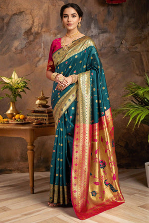 Teal Silk Blend Saree With Traditional Paithani Zari Weaving Of Peacock & Floral Designs