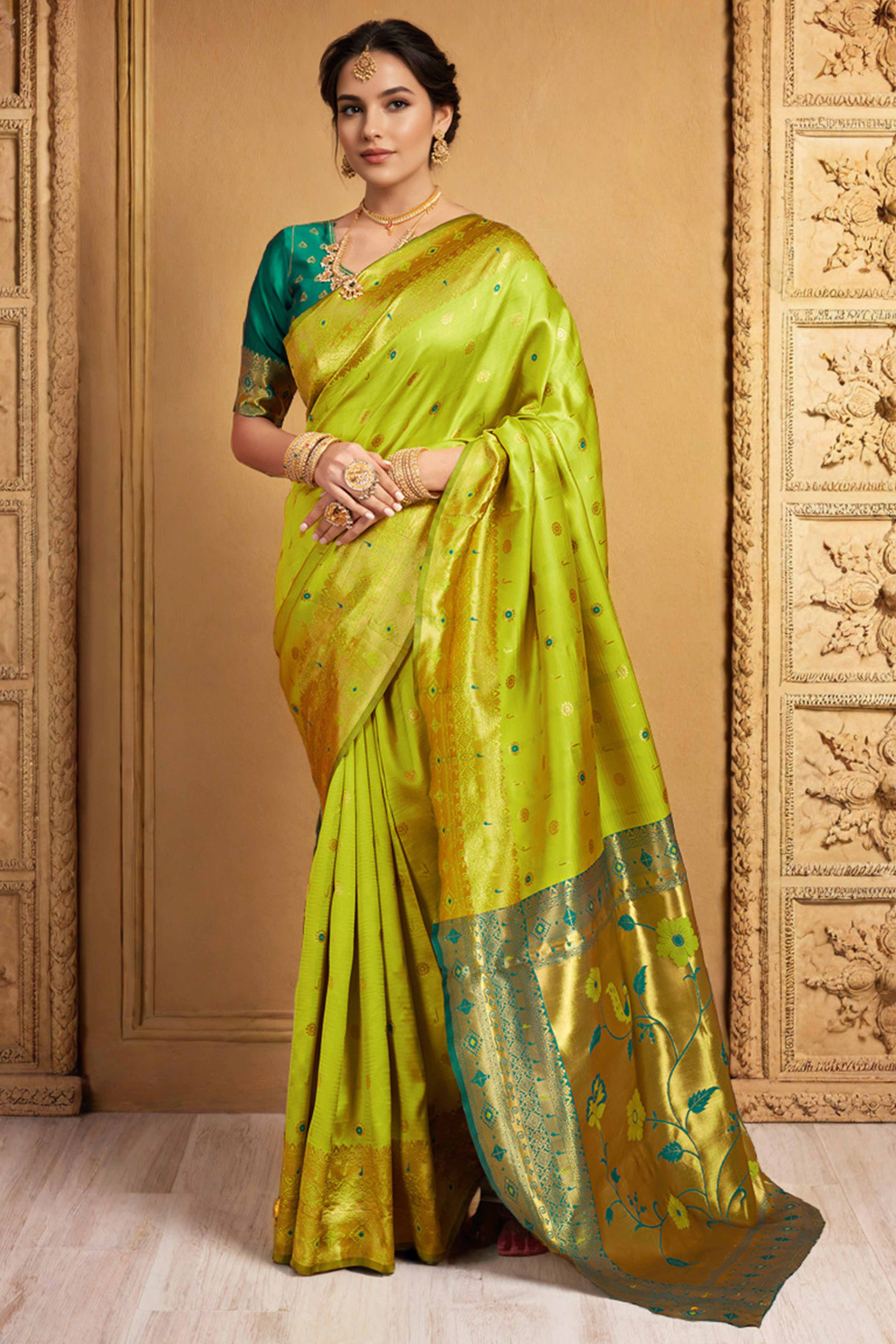 Green Silk Blend Saree With Traditional Paithani Zari Weaving Of Peacock & Floral Designs