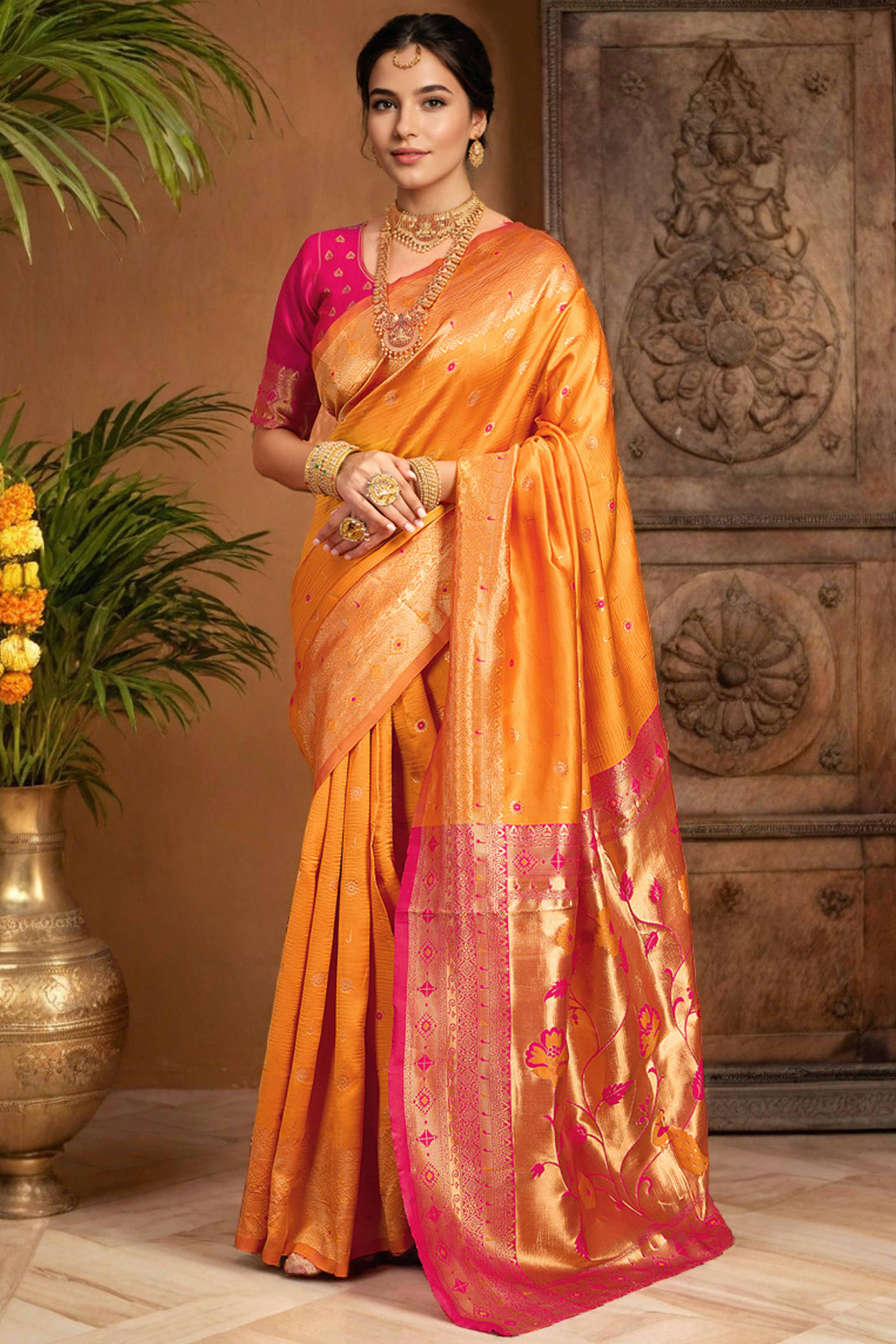 Orange Silk Blend Saree With Traditional Paithani Zari Weaving Of Peacock & Floral Designs