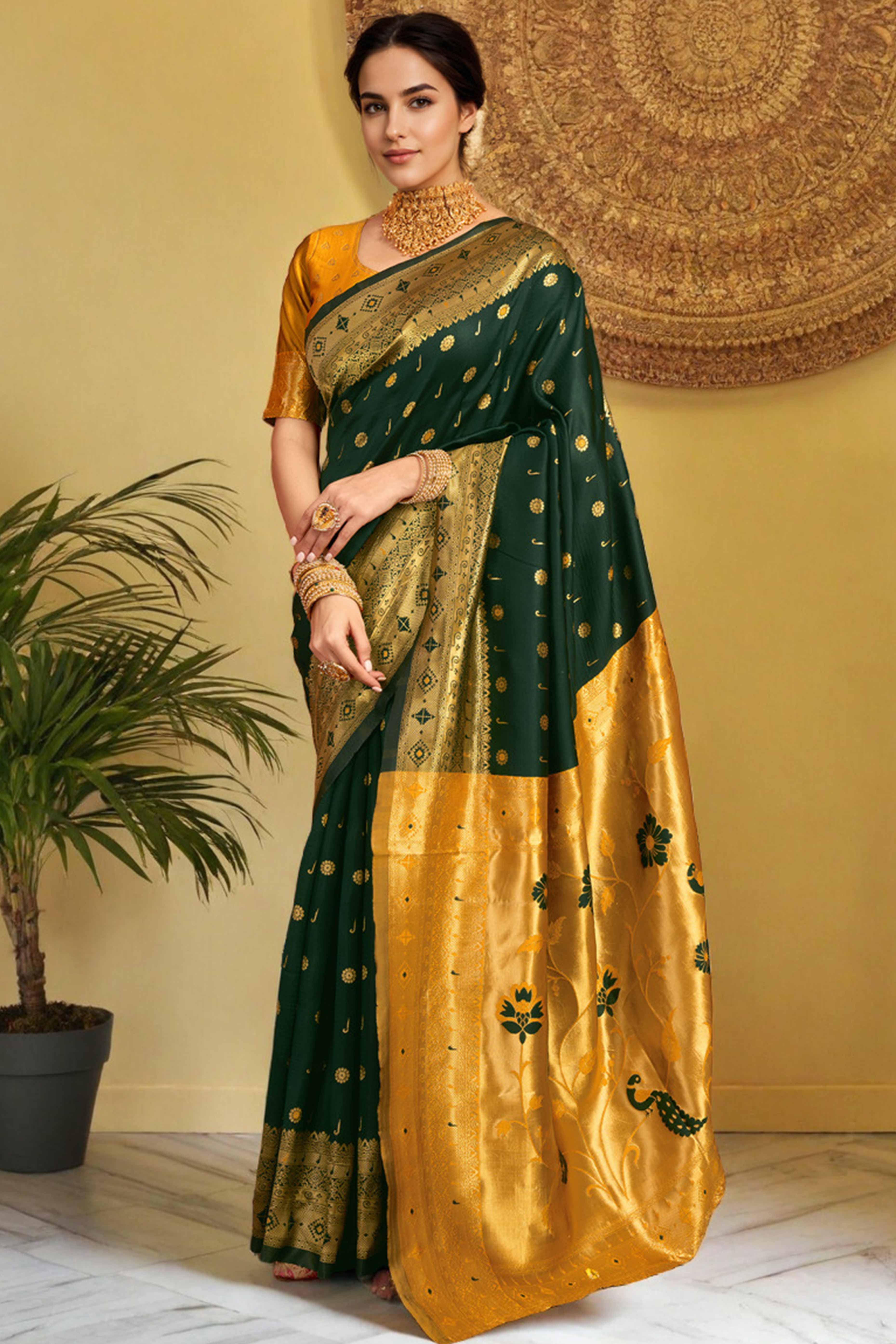 Dark Green Silk Blend Saree With Traditional Paithani Zari Weaving Of Peacock & Floral Designs