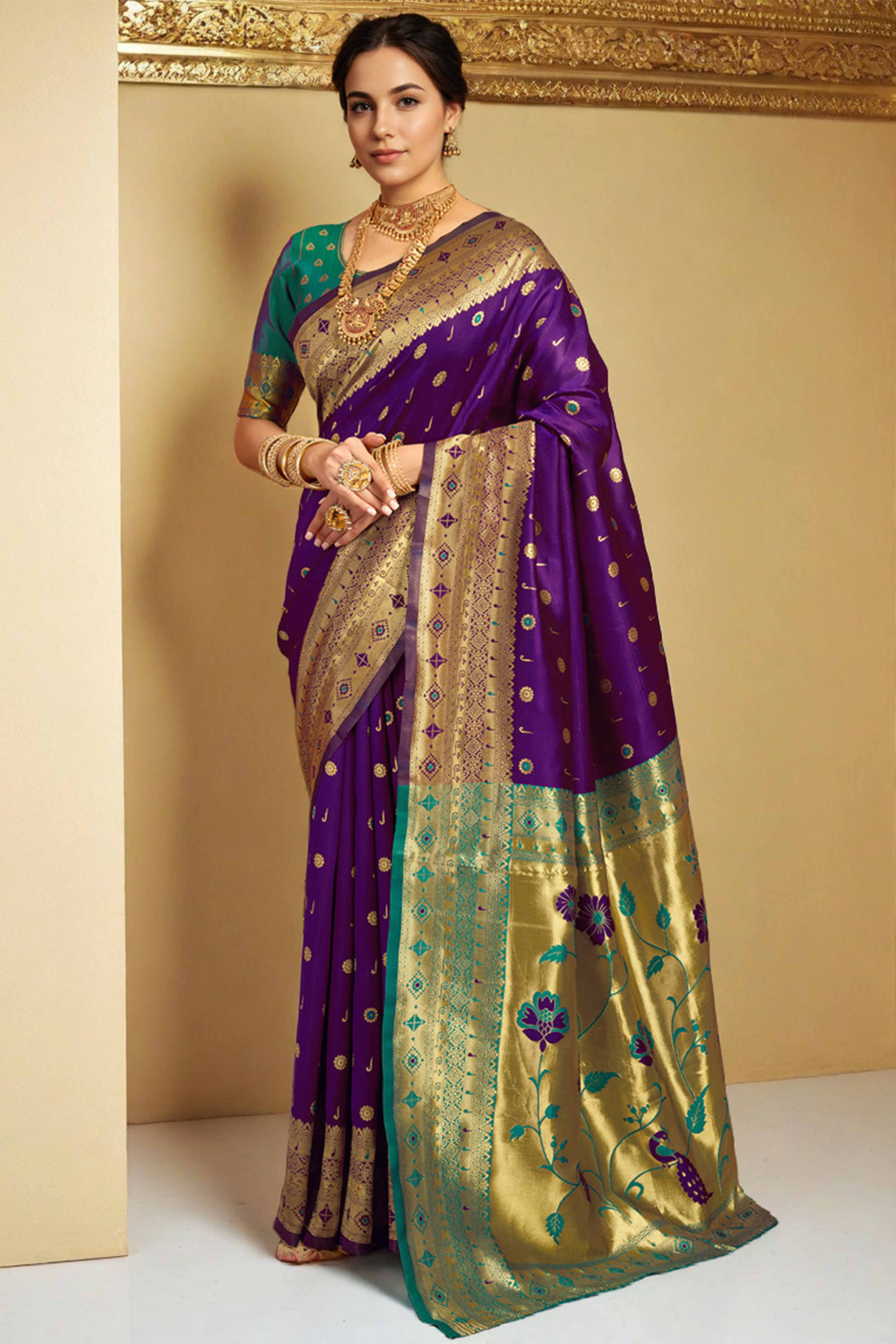 Purple Silk Blend Saree With Traditional Paithani Zari Weaving Of Peacock & Floral Designs