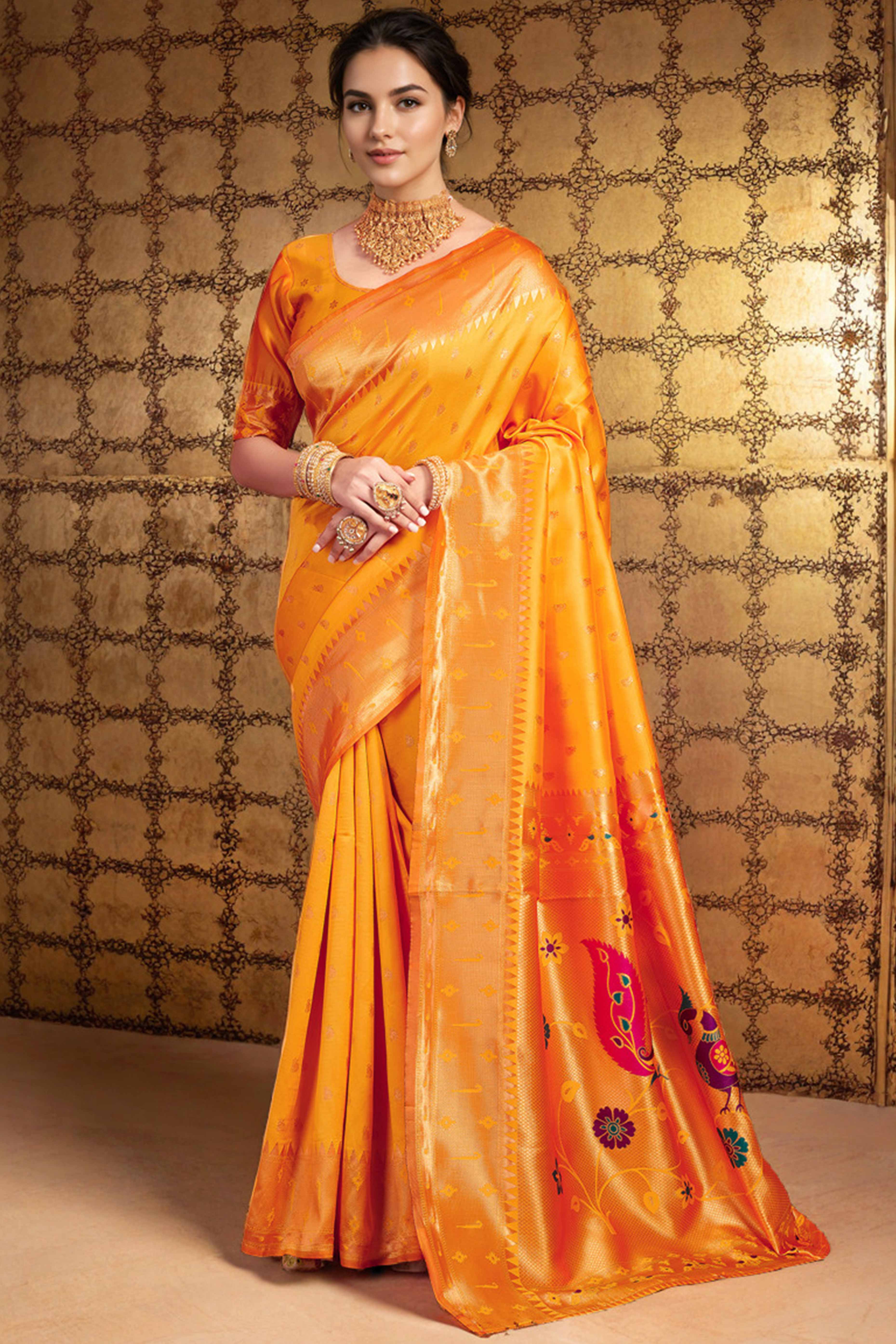 Orange Paithani Saree In Silk Blend Highlighted With Zari Woven Peacock & Floral Motifs