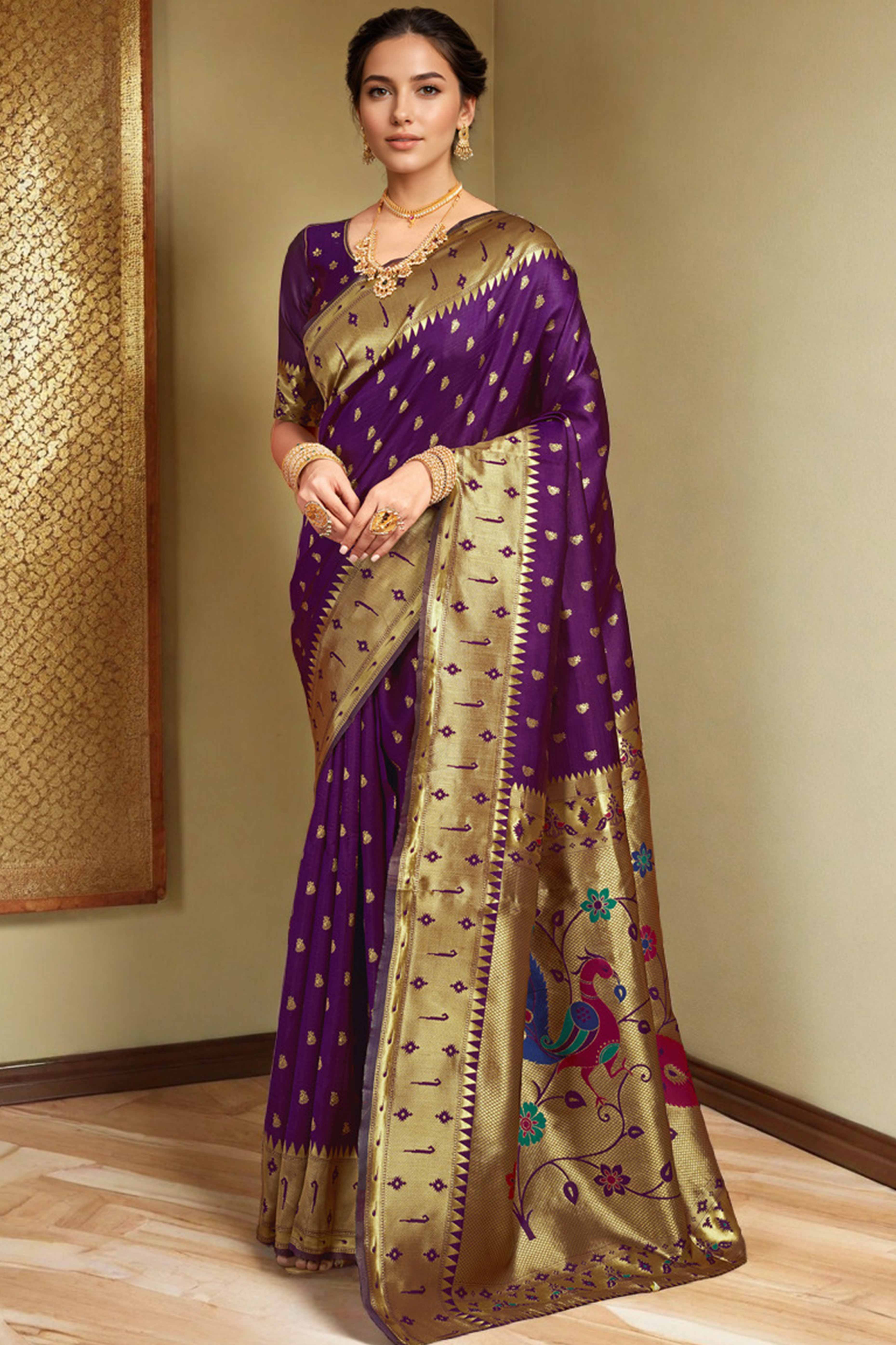 Purple Paithani Saree In Silk Blend Highlighted With Zari Woven Peacock & Floral Motifs