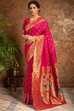 Pink Paithani Saree In Silk Blend Highlighted With Zari Woven Peacock & Floral Motifs