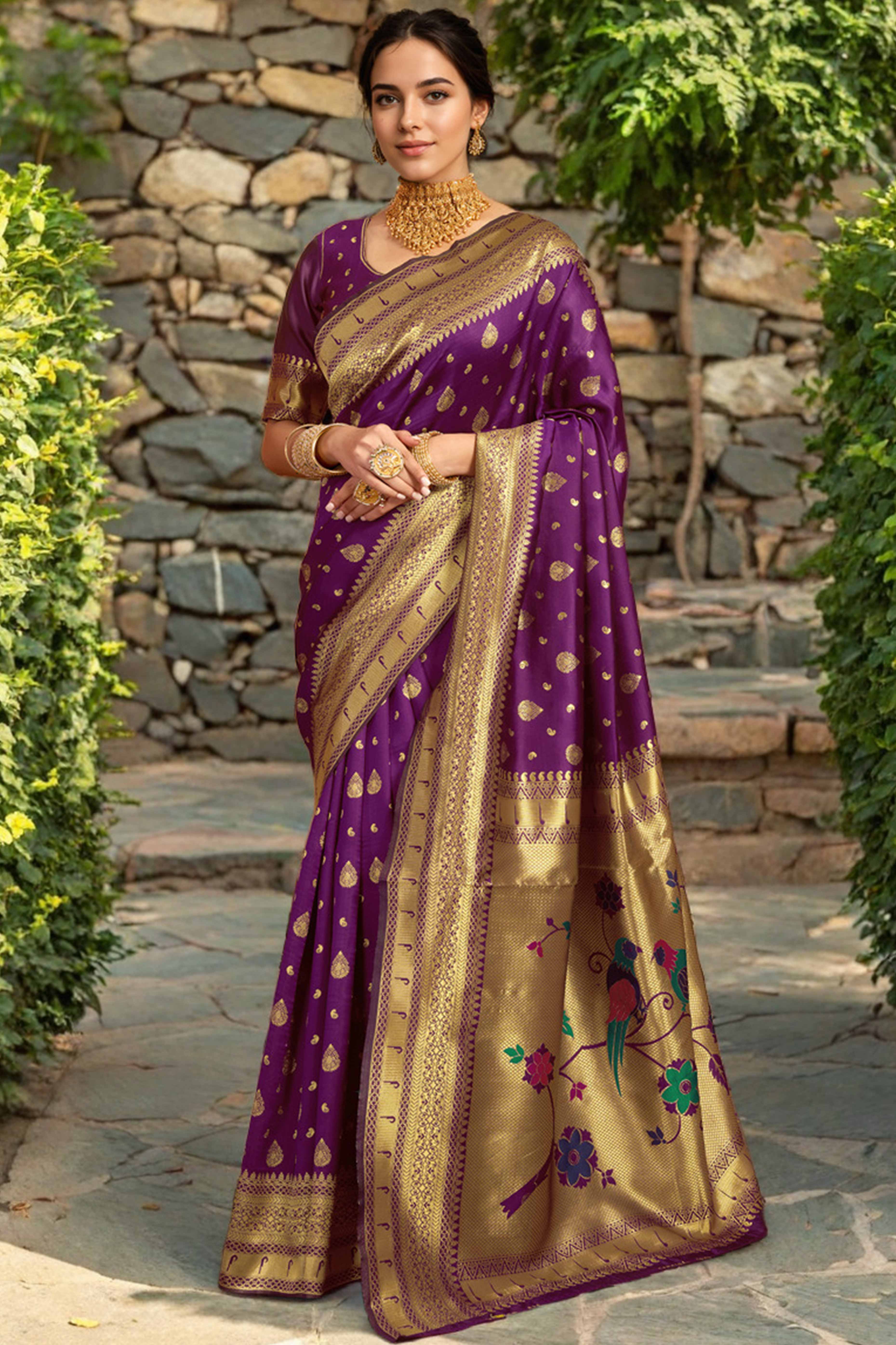 Purple Silk Blend Paithani Saree Showcasing Rich Zari Weaving With Birds & Floral Accents