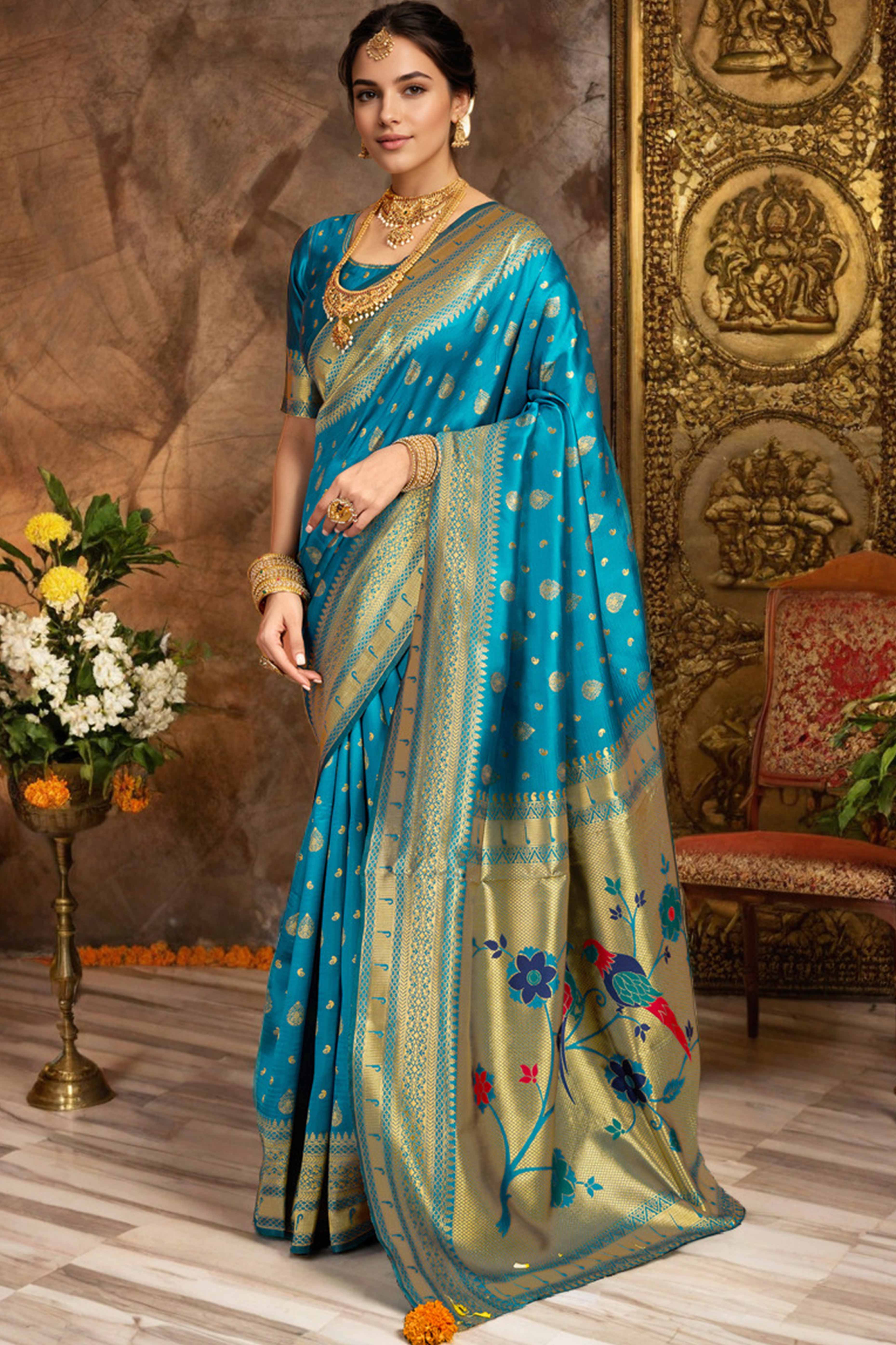 Blue Silk Blend Paithani Saree Showcasing Rich Zari Weaving With Birds & Floral Accents